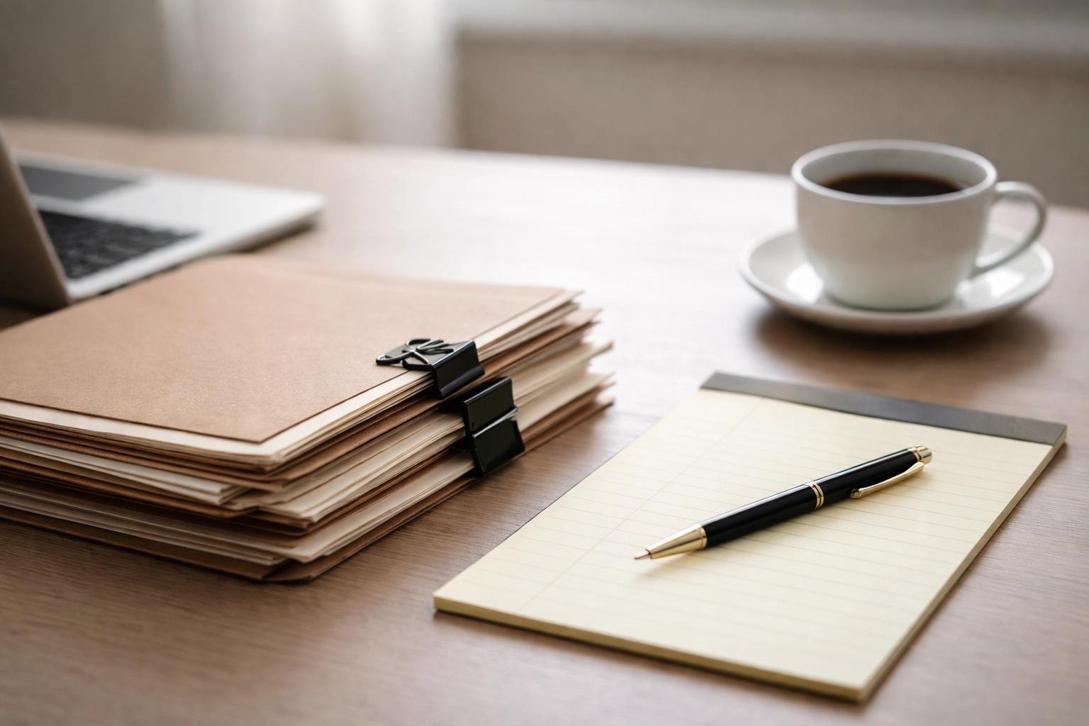 Neatly organized family law attorney's desk showing attention to detail when handling divorce cases