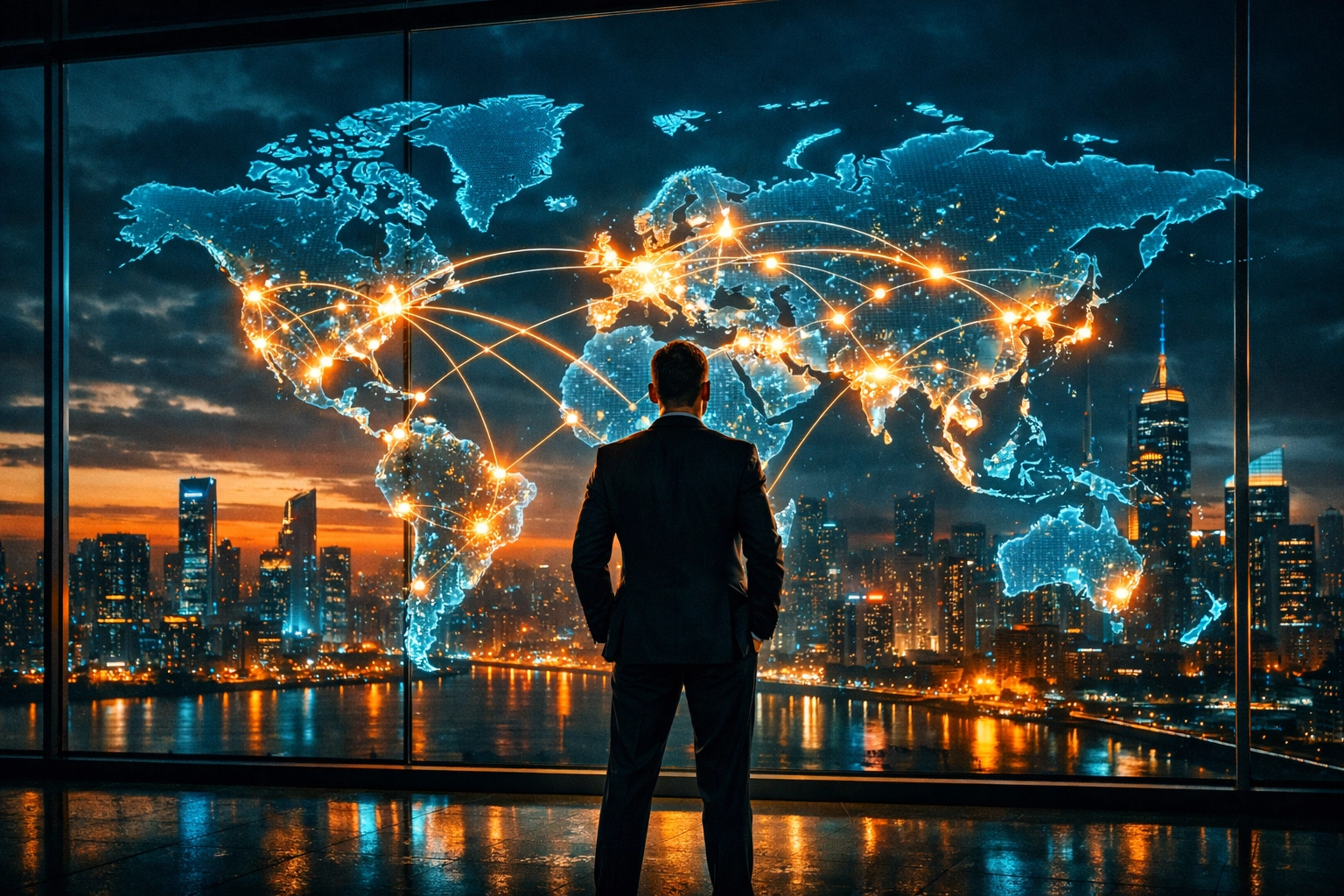 Entrepreneur overlooking a glowing world map of Web3 global payments, symbolizing financial sovereignty and scale.