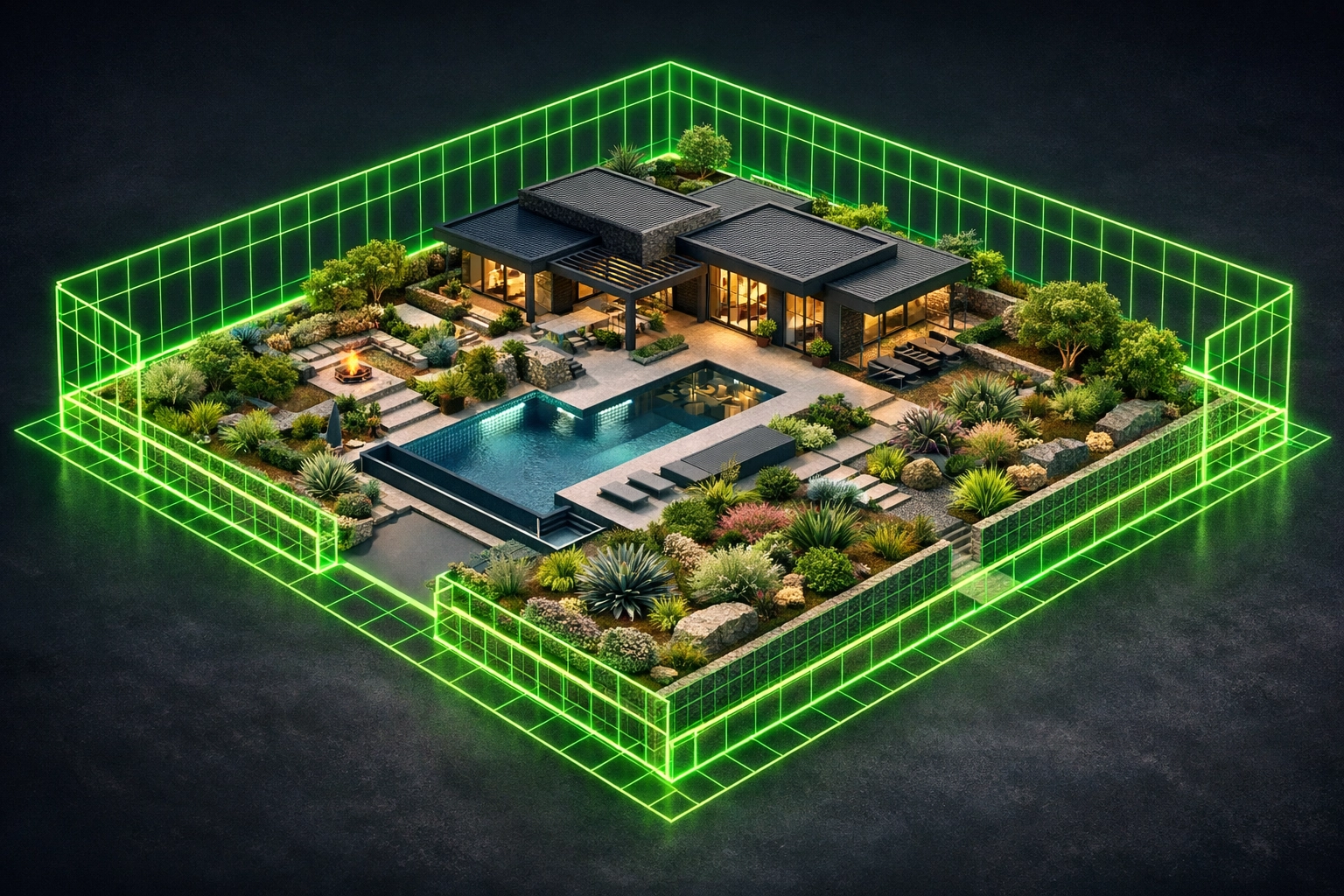 Luxury San Diego estate with a digital grid showing premium landscaping directory coverage.