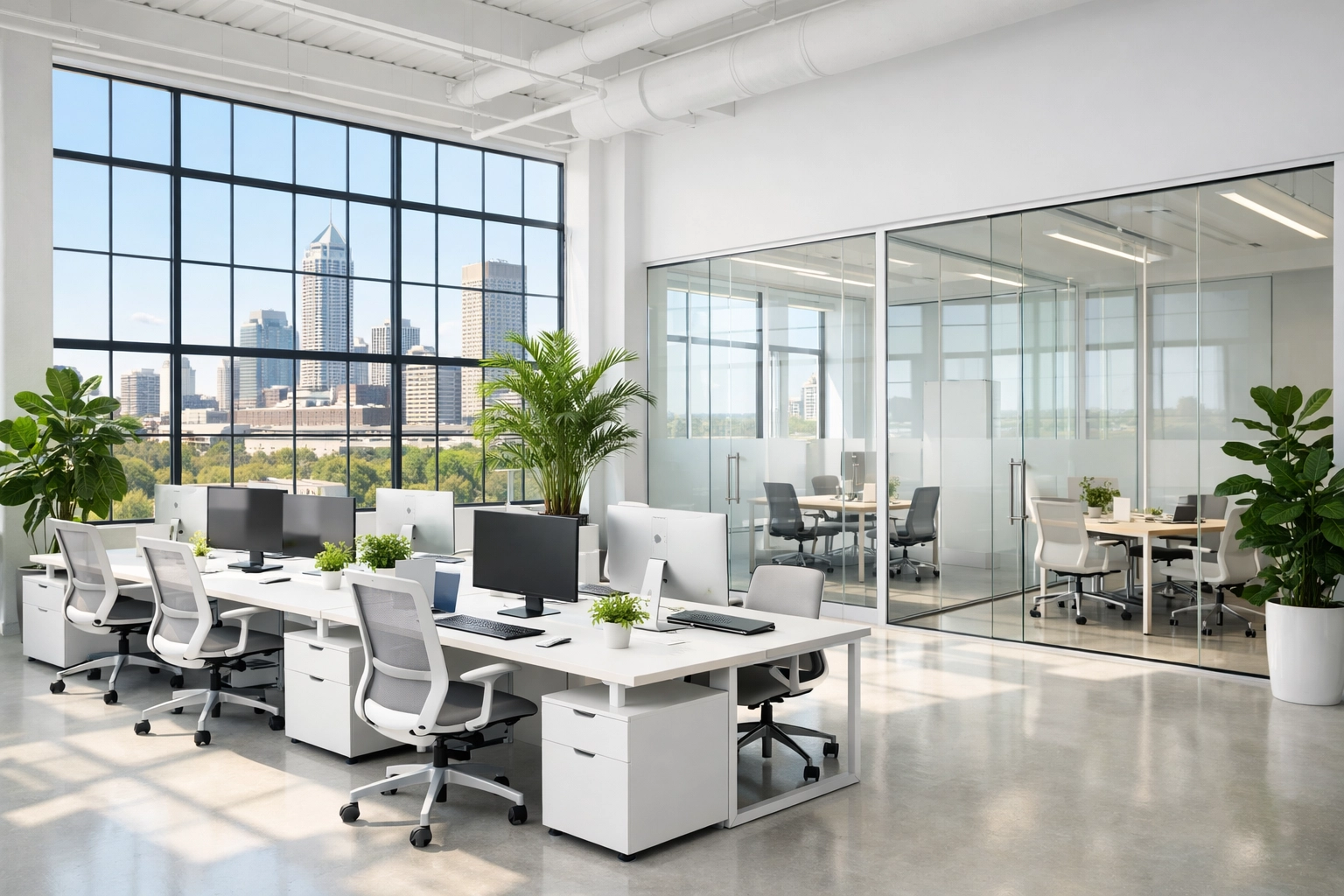 Clean modern hybrid office in Indianapolis with sunlit desks and professional workspace maintenance.