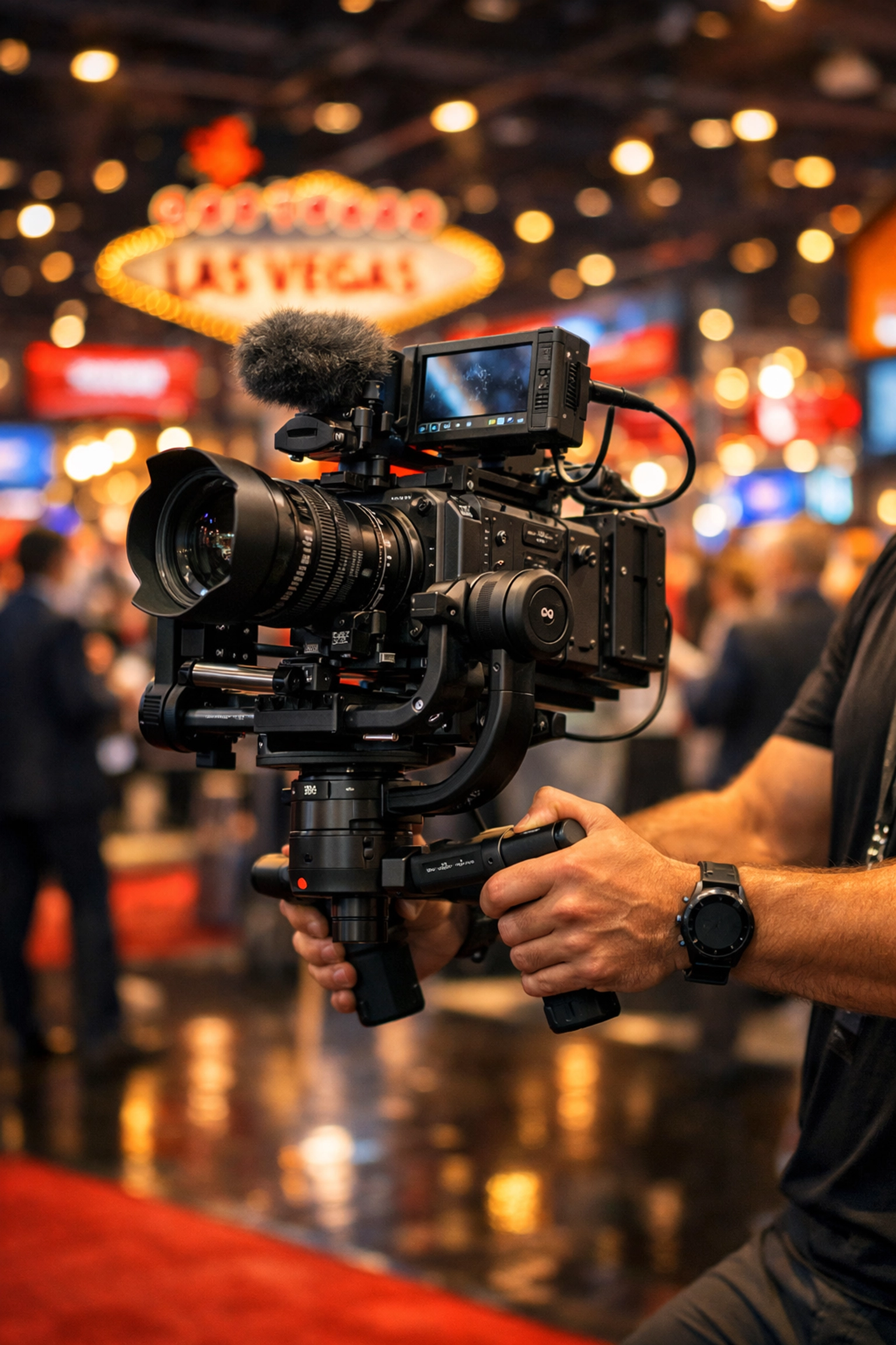 Corporate event videographer filming professional video production at a bustling Las Vegas trade show.