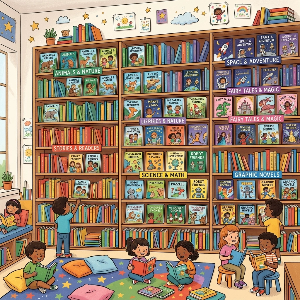 A wide wall of library shelves showing an immense variety of colorful children's books.