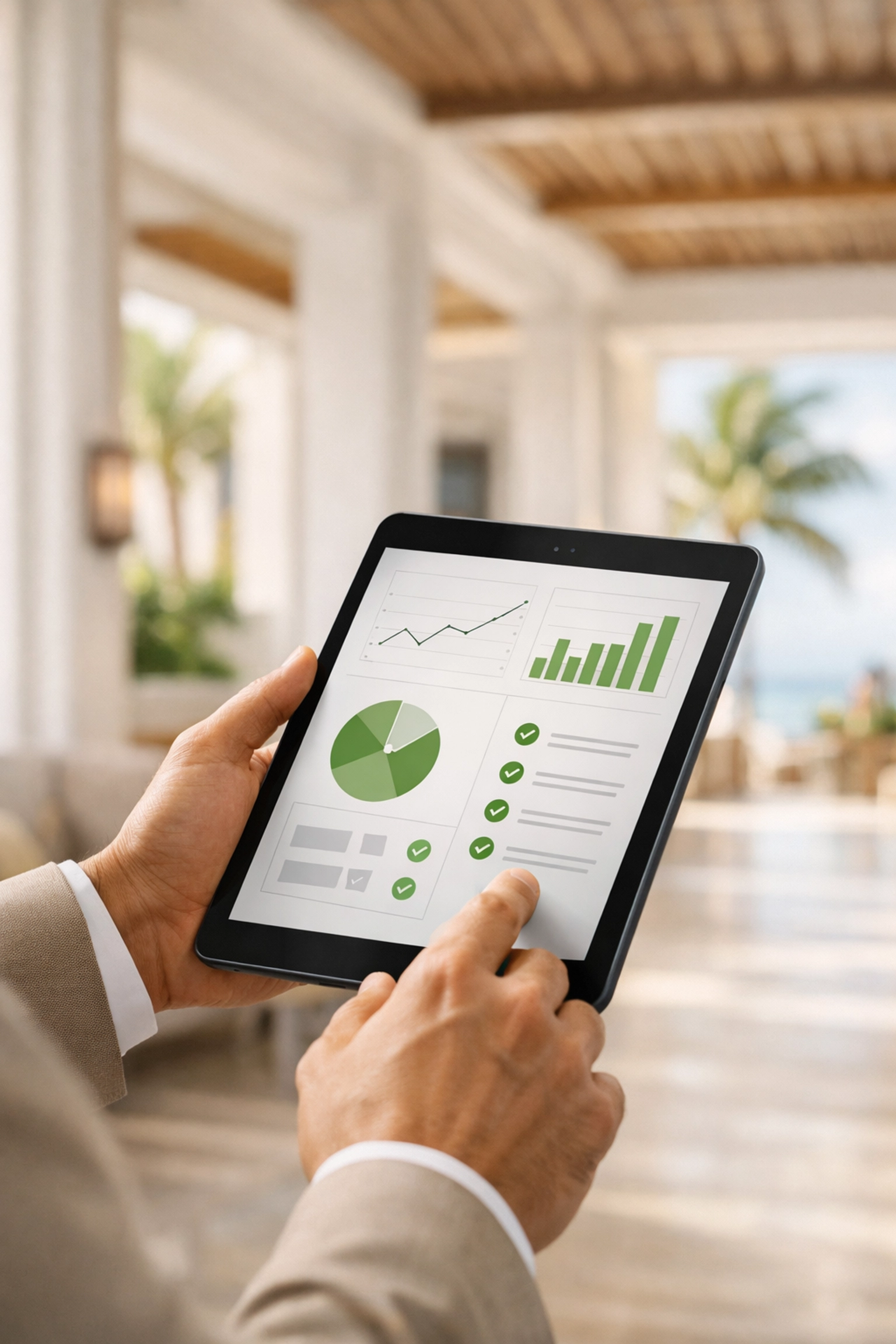 Property manager using a tablet for 24/7 smart HVAC monitoring and system health tracking.