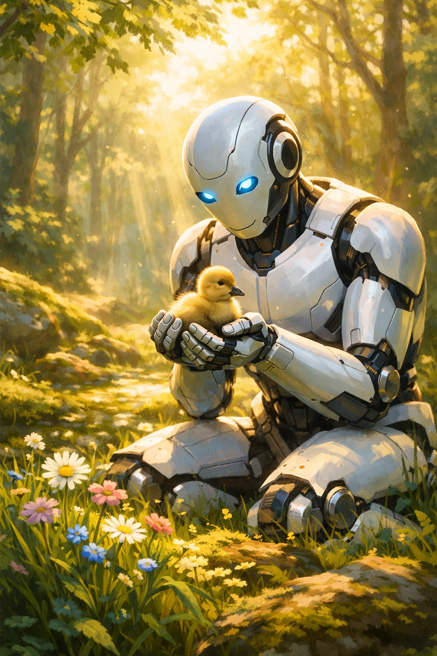 Roz the robot gently holds gosling Brightbill in forest clearing from The Wild Robot Christian movie review