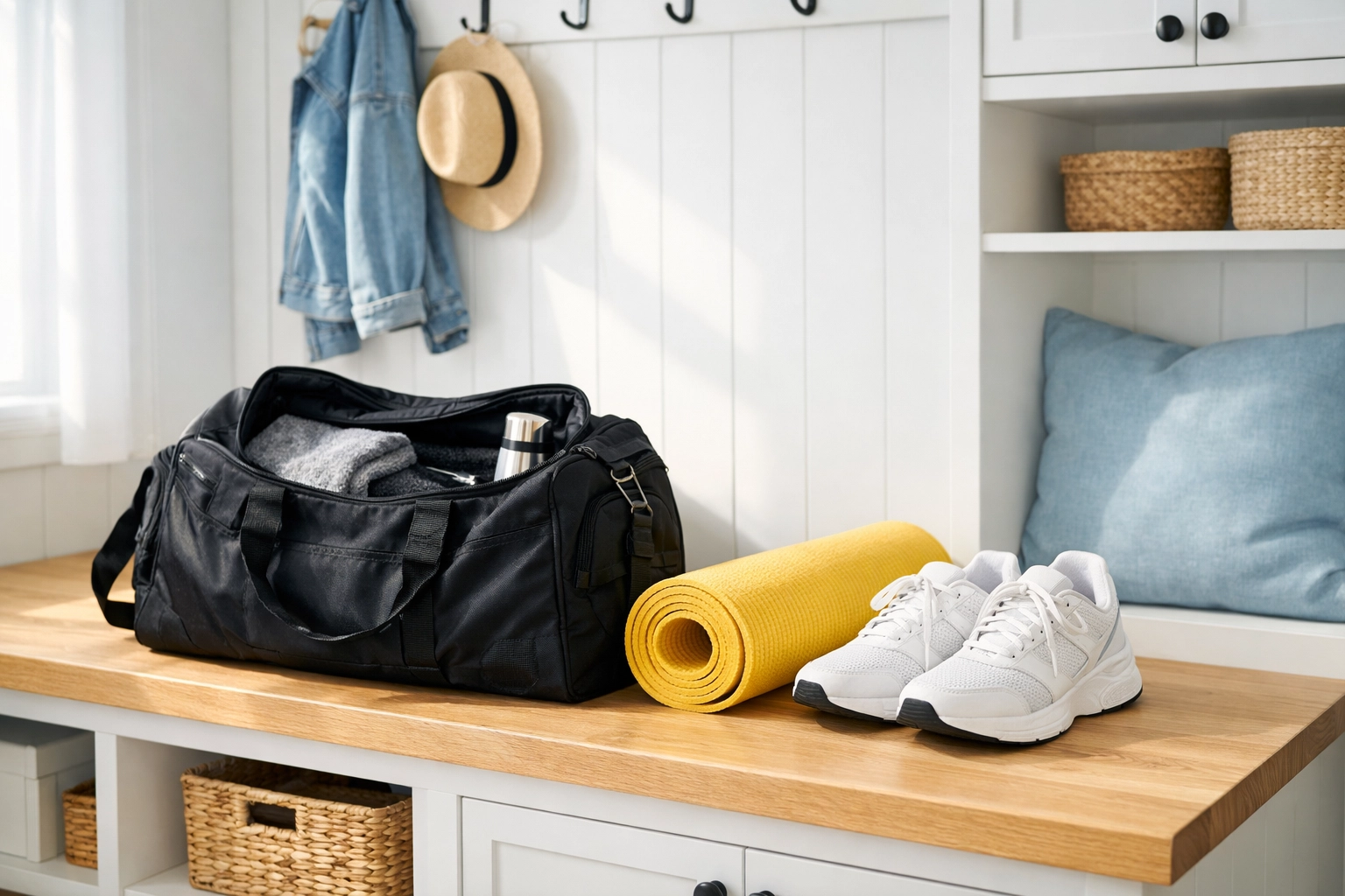 An open black gym bag on a mudroom bench next to a yellow yoga mat and white sneakers.