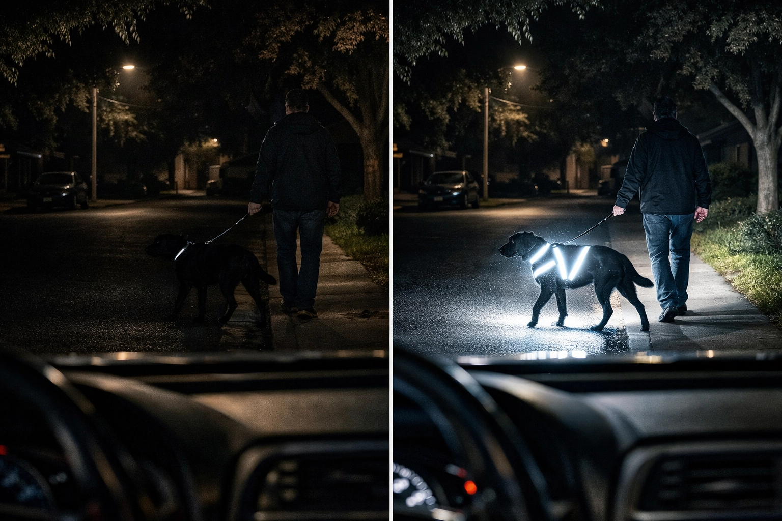 Comparison of reflective collar vs LED dog harness visibility at night from driver's view