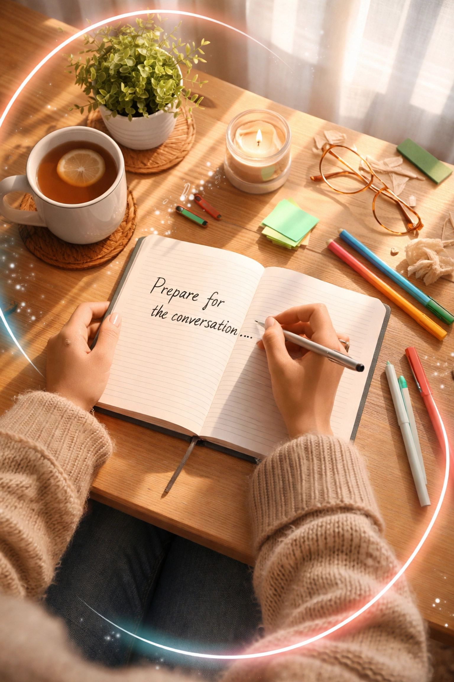 Hands writing in a journal with tea nearby, preparing thoughtful words for coming out as a crossdresser to a partner