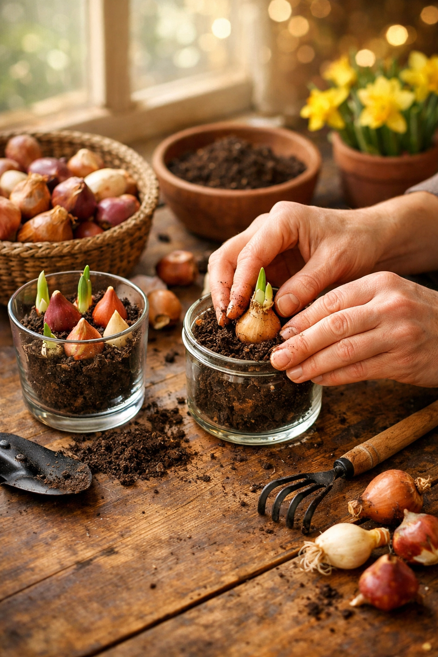 Hands planting spring bulbs in containers during indoor gardening workshop Camden County