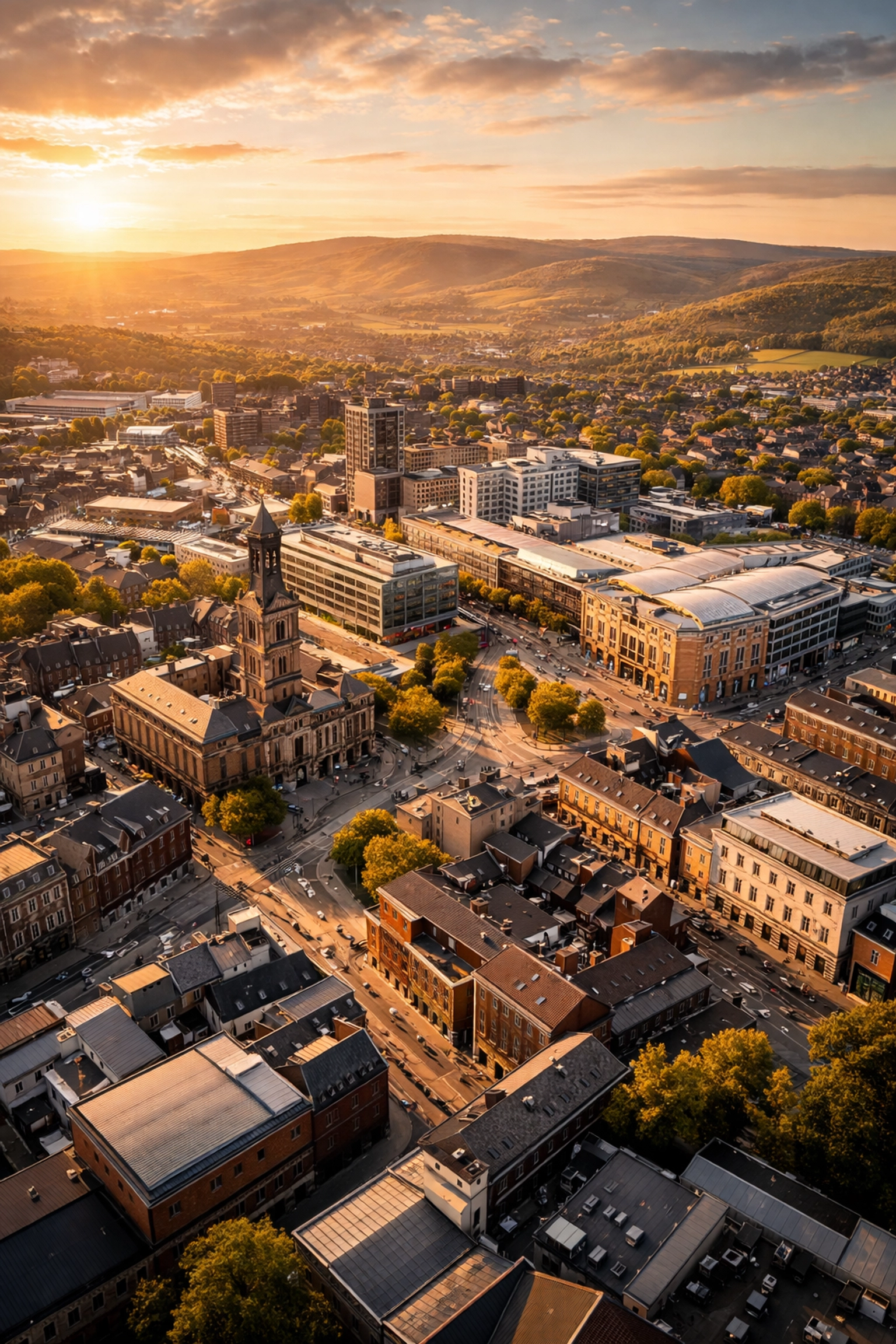Aerial view of Oldham town centre with historic and modern buildings, ideal for overseas property investors seeking foreign national mortgages