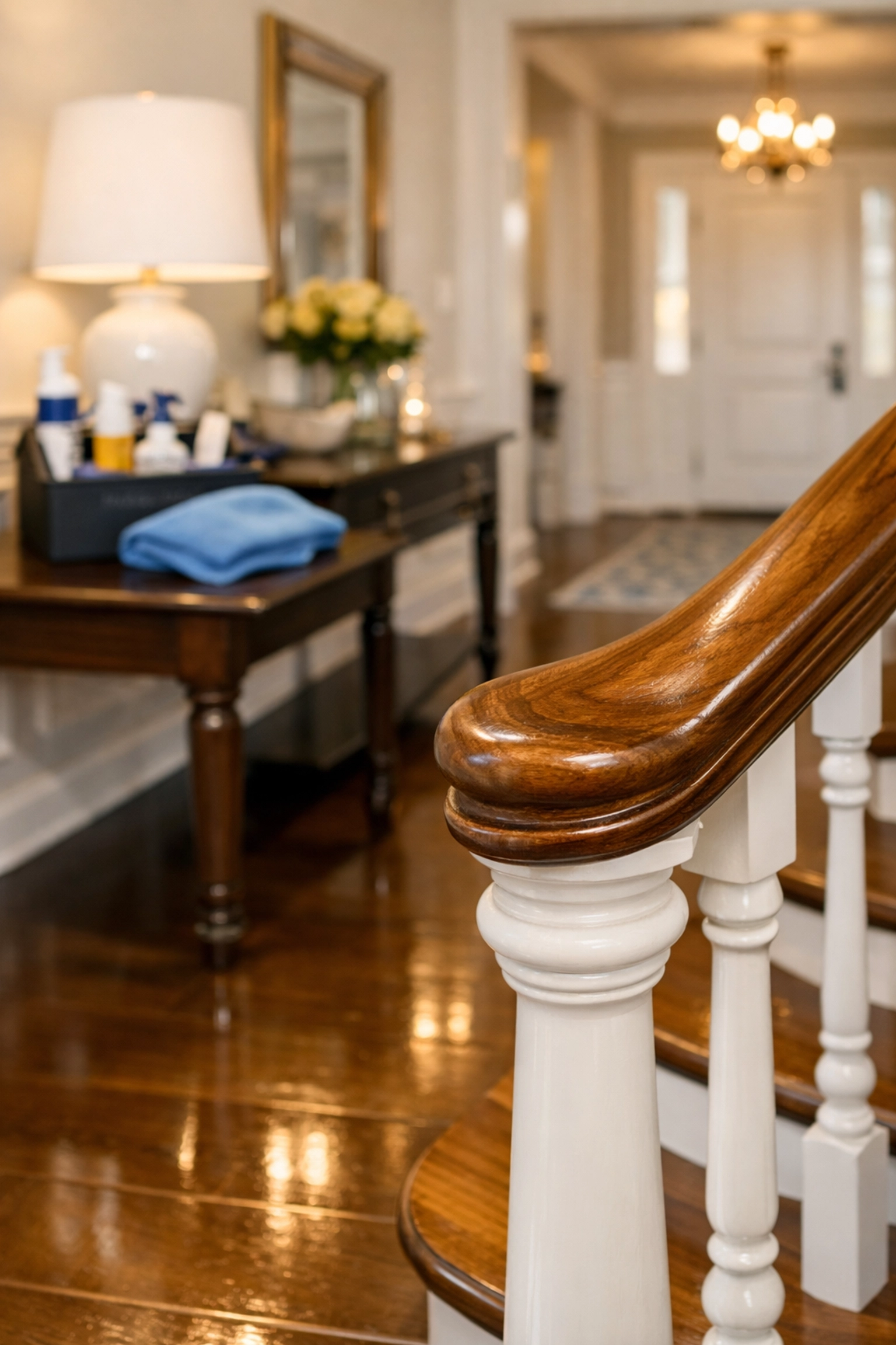 Immaculate entryway and stairs in a Shrewsbury home showcasing professional house cleaning attention to detail.