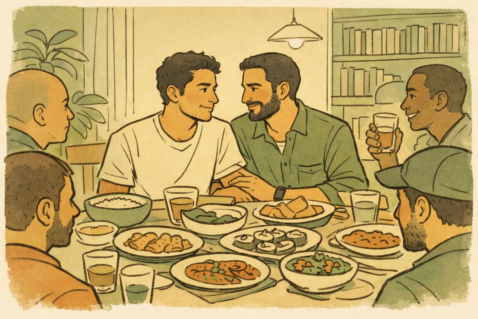 Diverse LGBTQ chosen family gathering for meal showcasing cross-cultural gay community bonds
