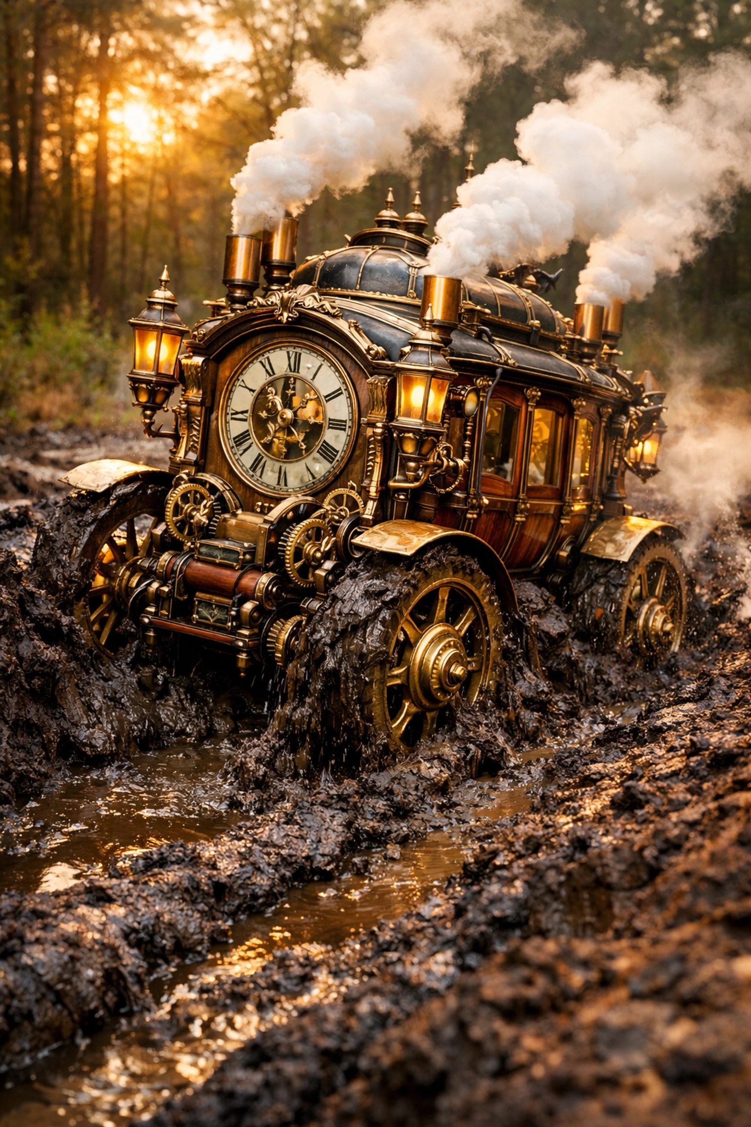A brass clockwork carriage spinning its wheels in a muddy trench, showing why CRM workflow automation needs a solid process first.