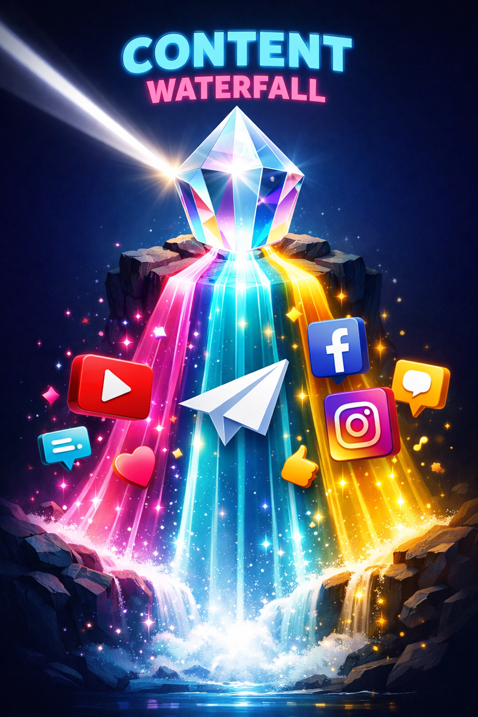 A prism refracting light into social media icons, illustrating a small business content repurposing strategy.