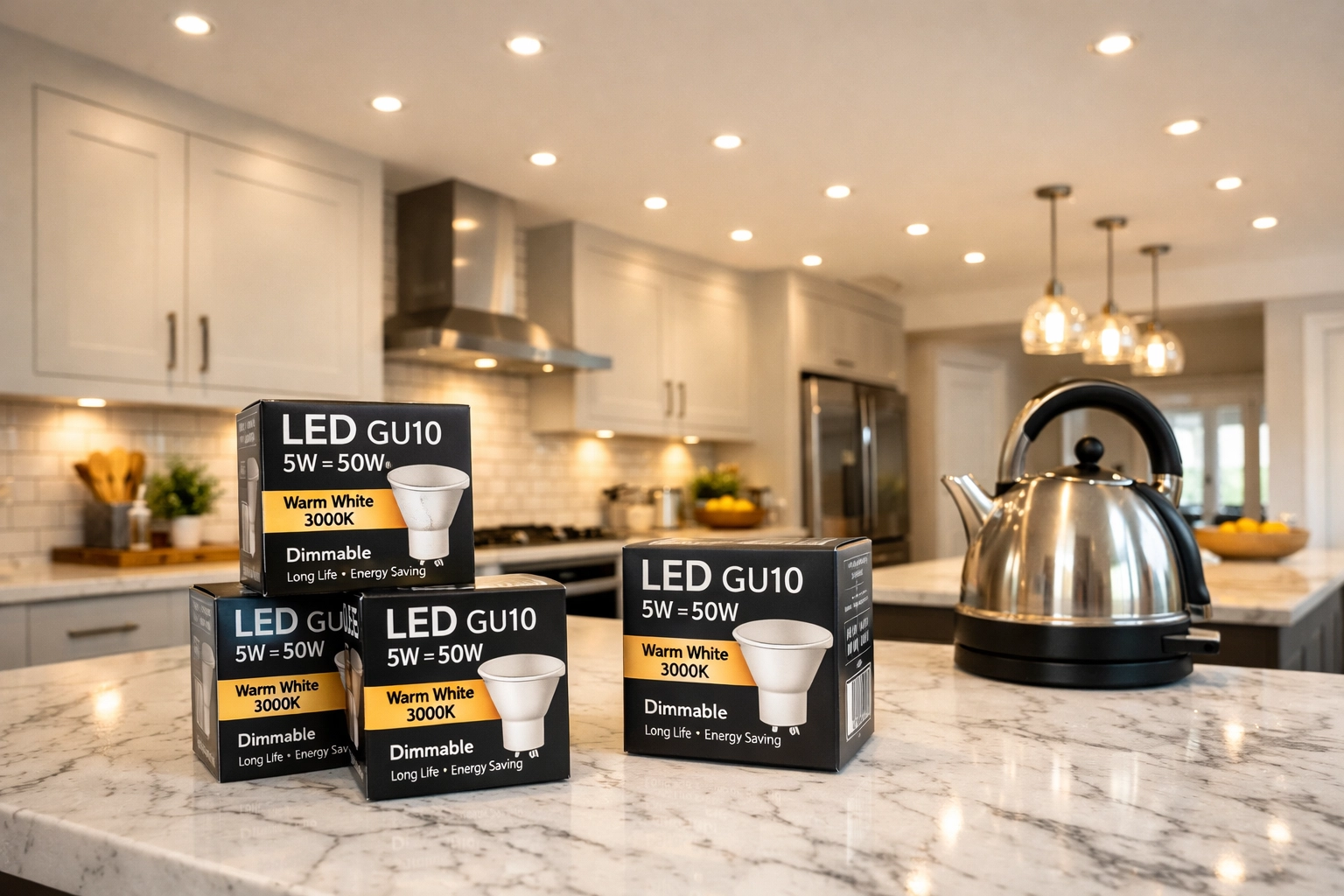 Modern Poole kitchen featuring energy-efficient LED downlights, professional upgrade by an electrician Bournemouth.