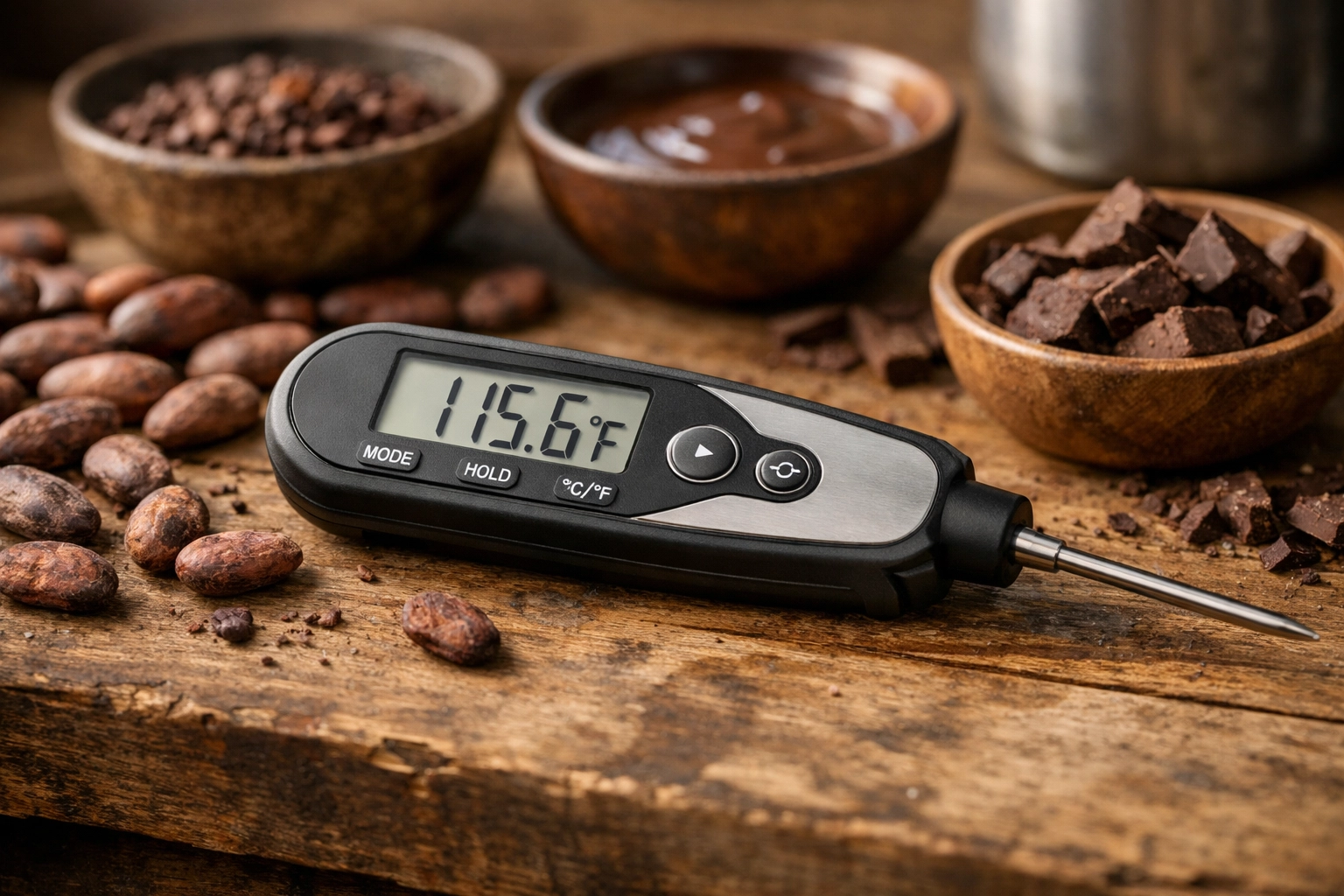 Professional digital thermometer with cacao beans for precise chocolate making temperature control