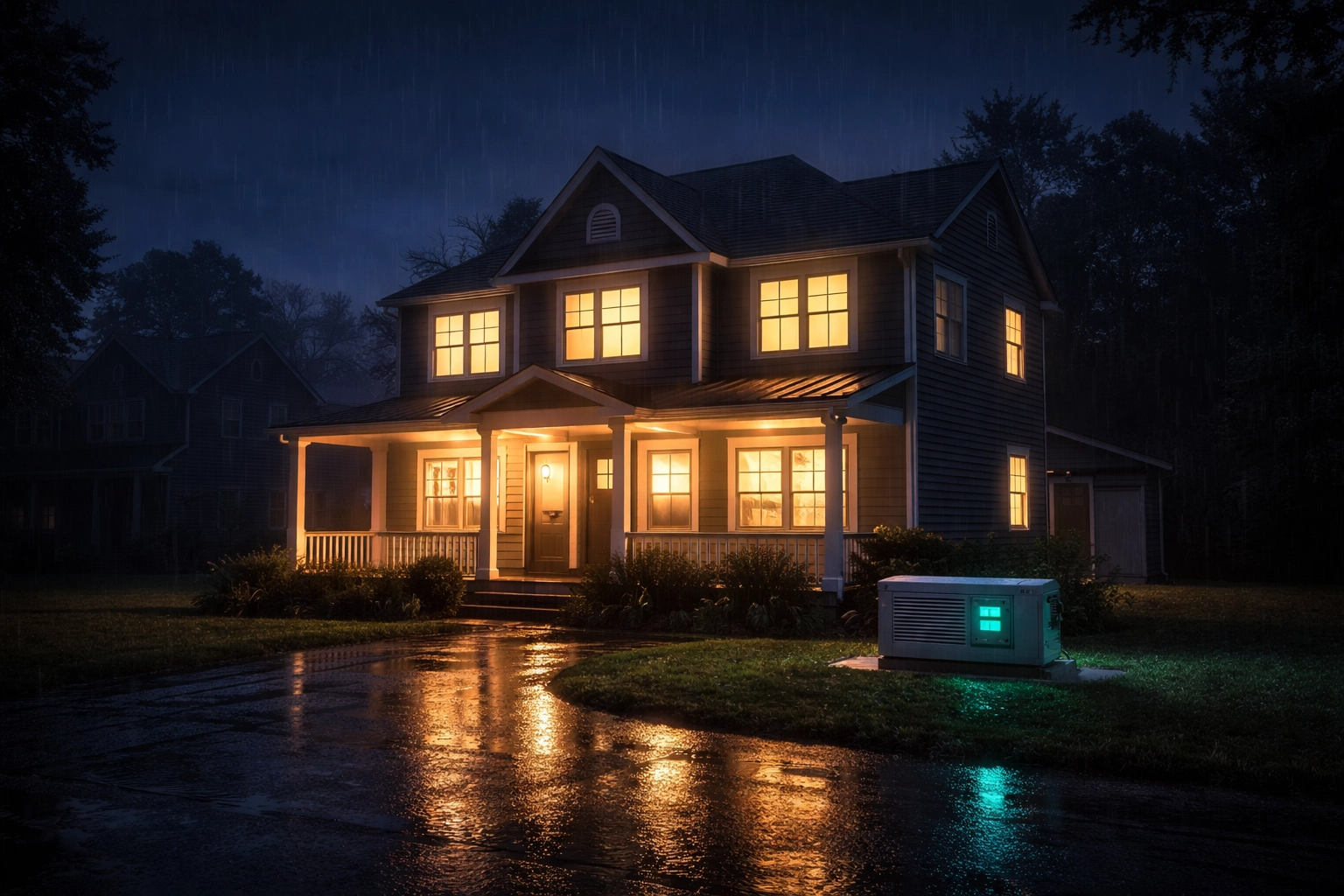Suburban house brightly lit by standby generator during neighborhood power outage on a rainy night