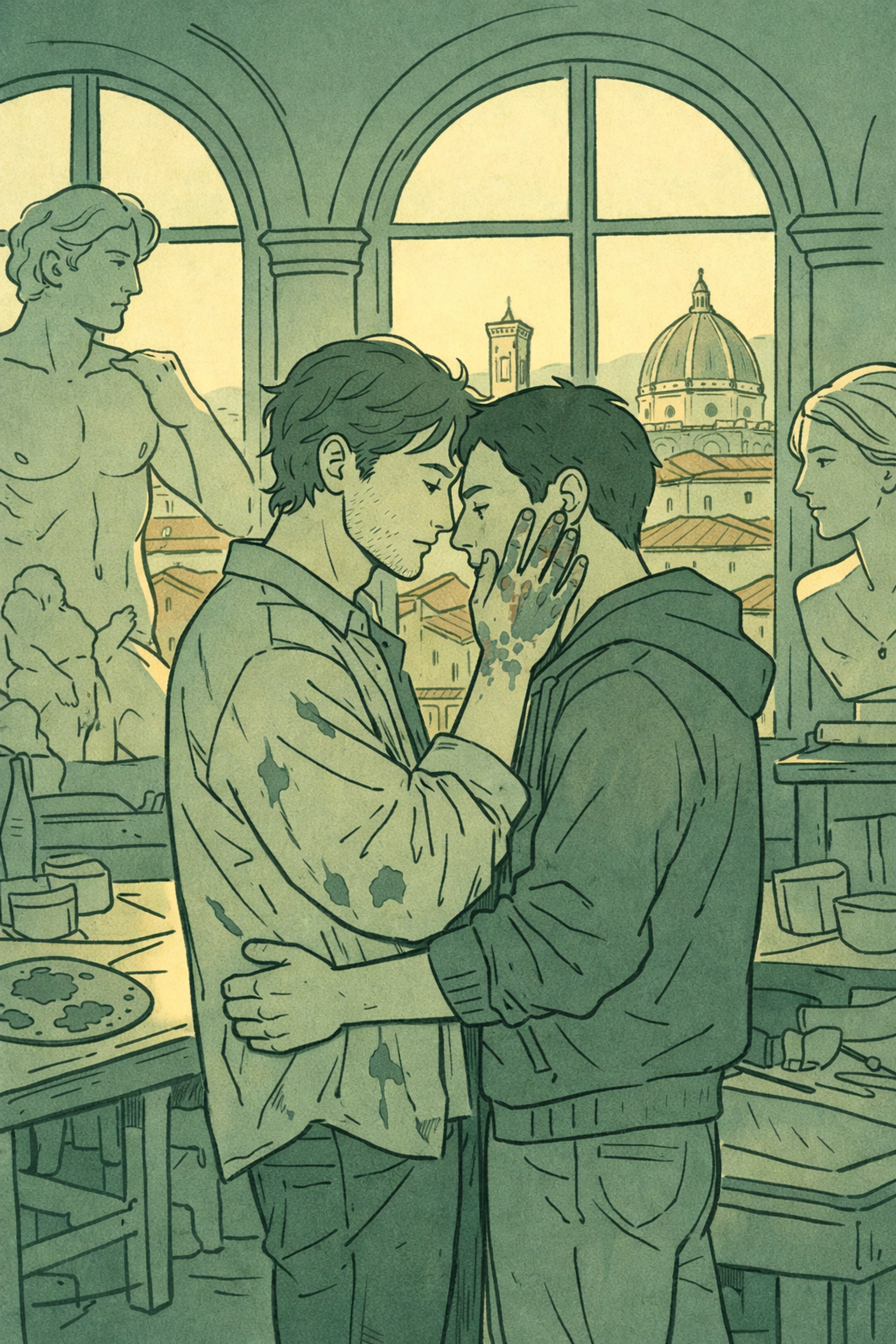 Two men embrace in Florence art studio surrounded by marble sculptures - MM Italian romance