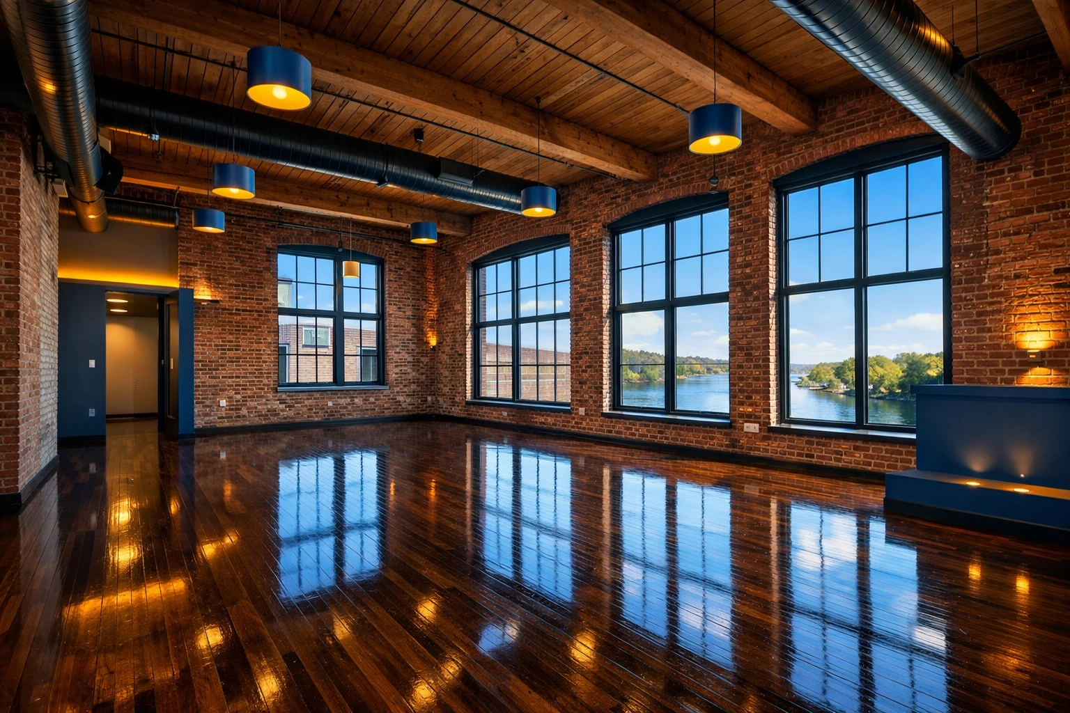 Spotless move-in cleaning Lowell for a historic loft apartment with shiny hardwood floors and brick walls.