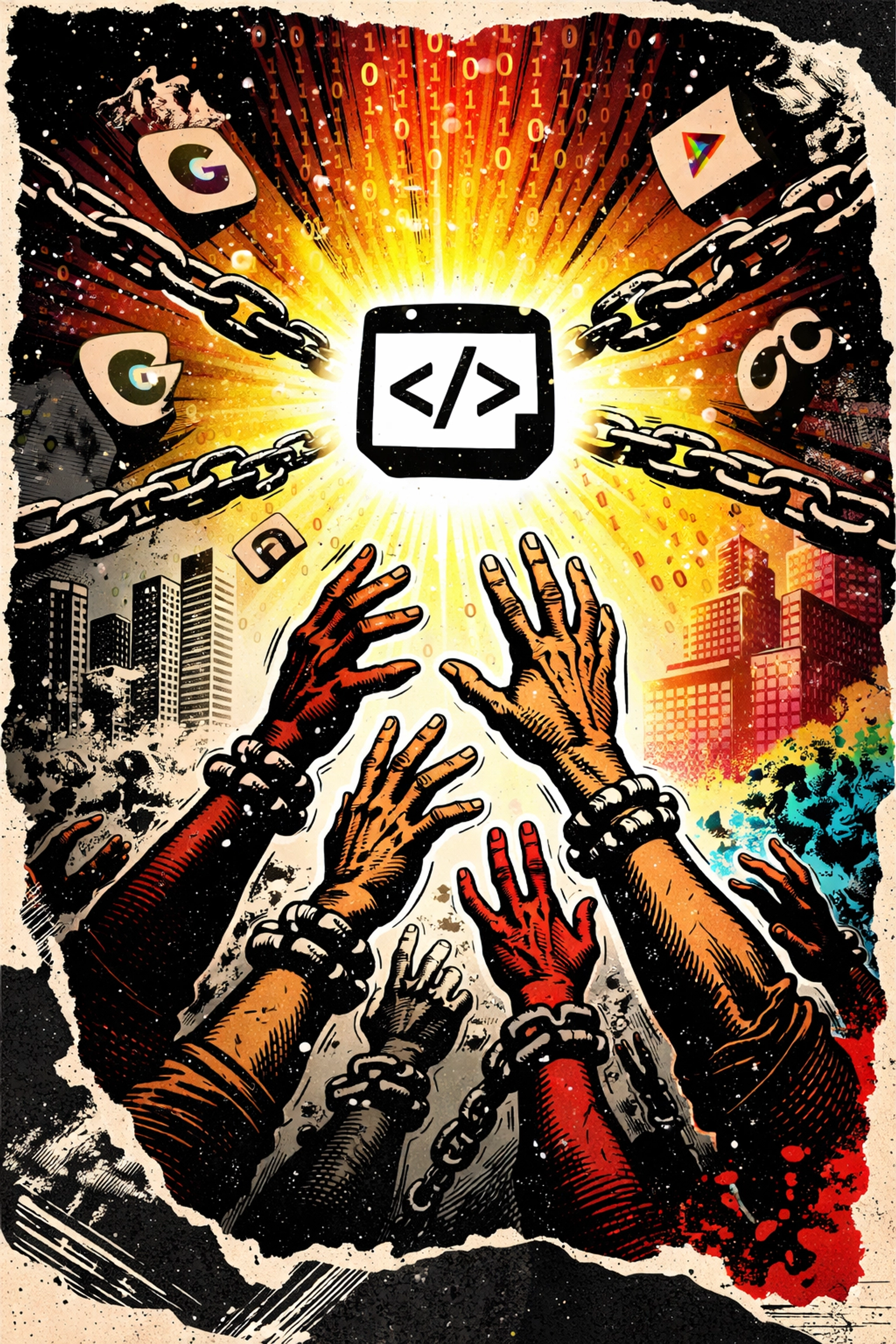 Diverse hands reach for a glowing code symbol among broken chains, embodying open source software liberation