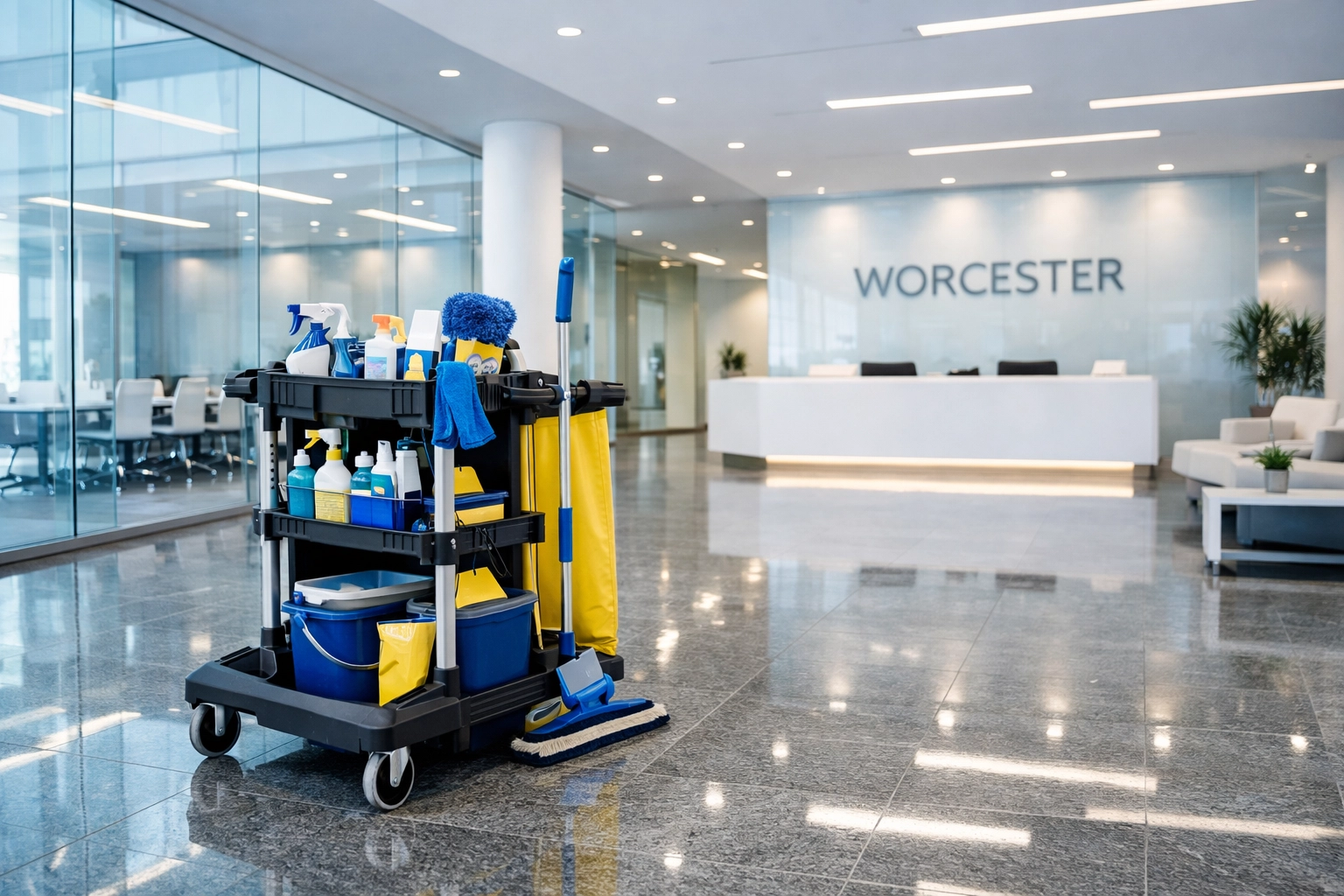 Professional janitorial services Worcester MA equipment cart in a clean, modern office lobby with glass walls.