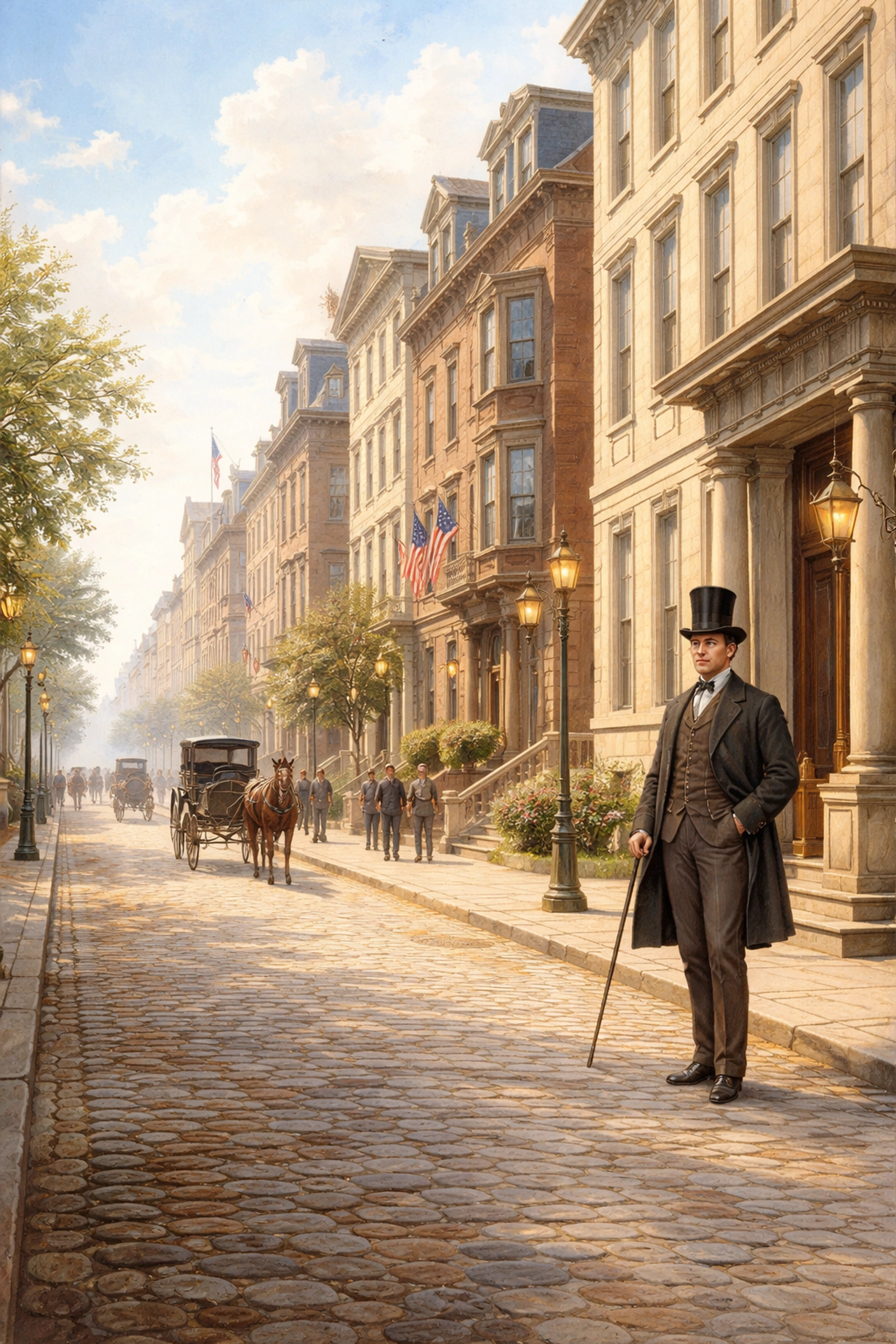 Historic 1870s Philadelphia street scene with brownstones and a gentleman, symbolizing the birth of title insurance.