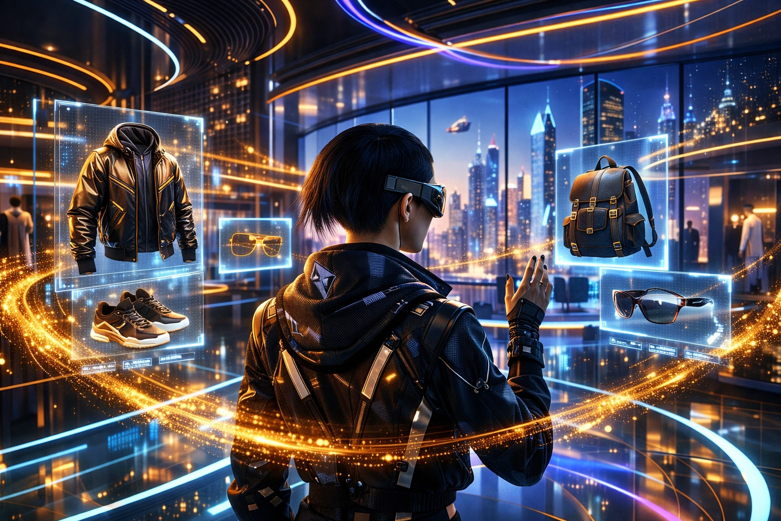 Digital avatar browsing holographic fashion in a high-tech metaverse boutique powered by Larecoin.ai.