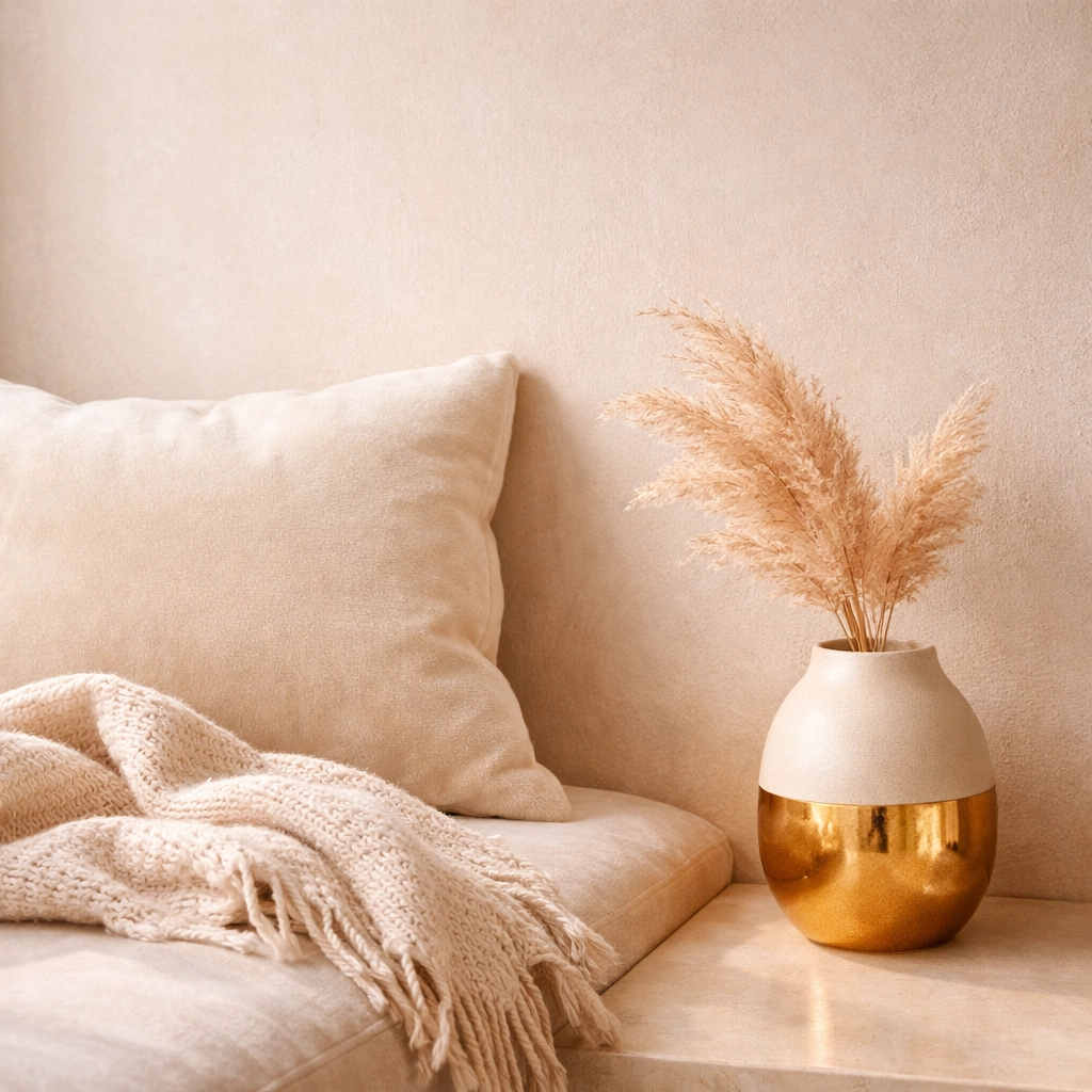 Serene minimalist interior with a soft cushion, representing nervous system regulation and anchored presence.