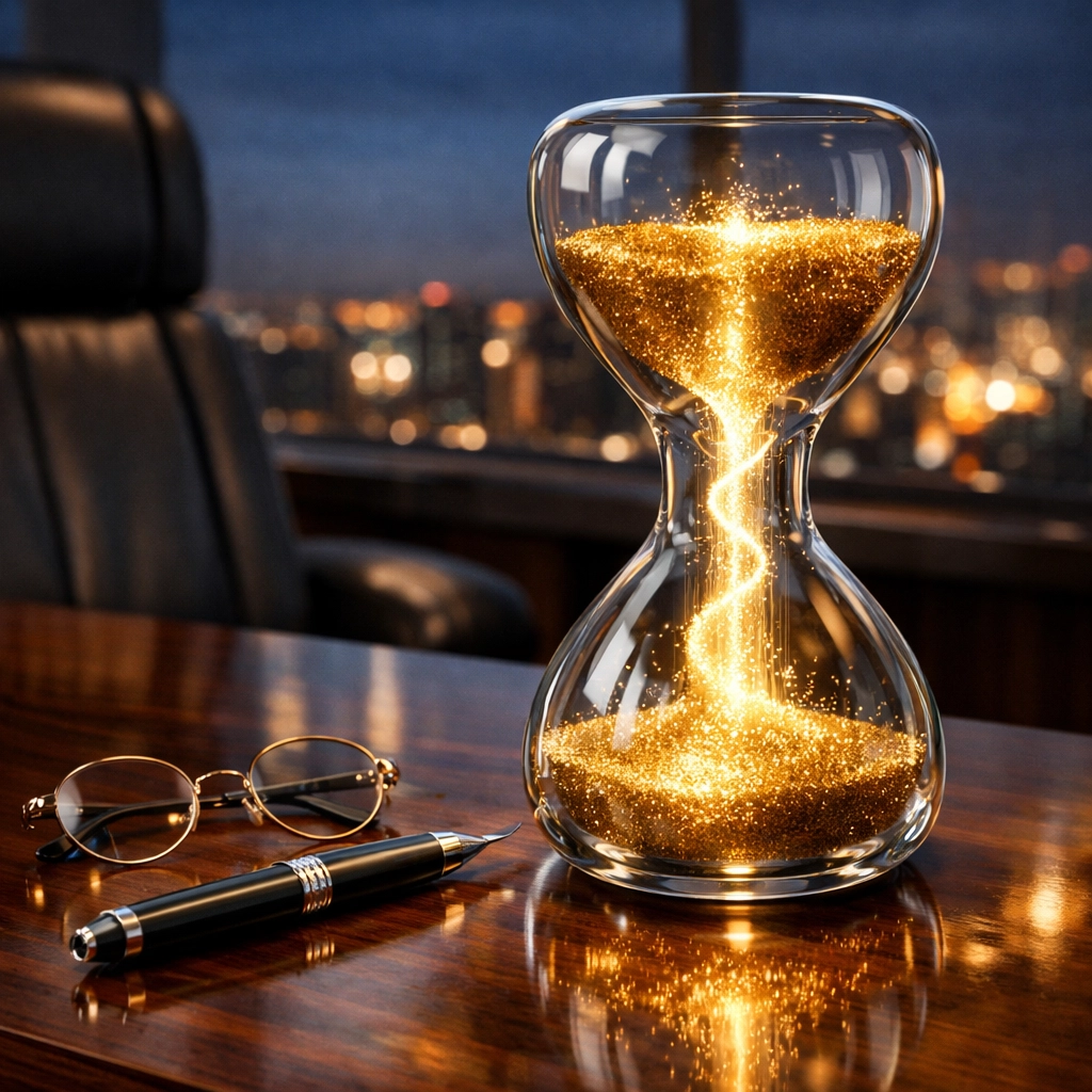 Hourglass on a luxury desk representing the full cost recovery model for tax-optimized executive benefits.