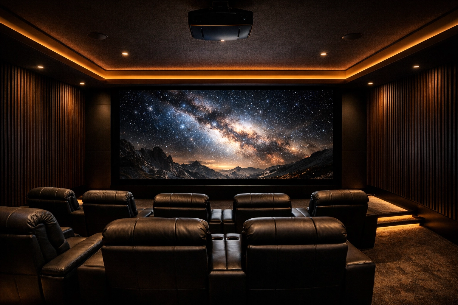 Luxury custom home theater installation in Minneapolis featuring a massive 150-inch projector screen.