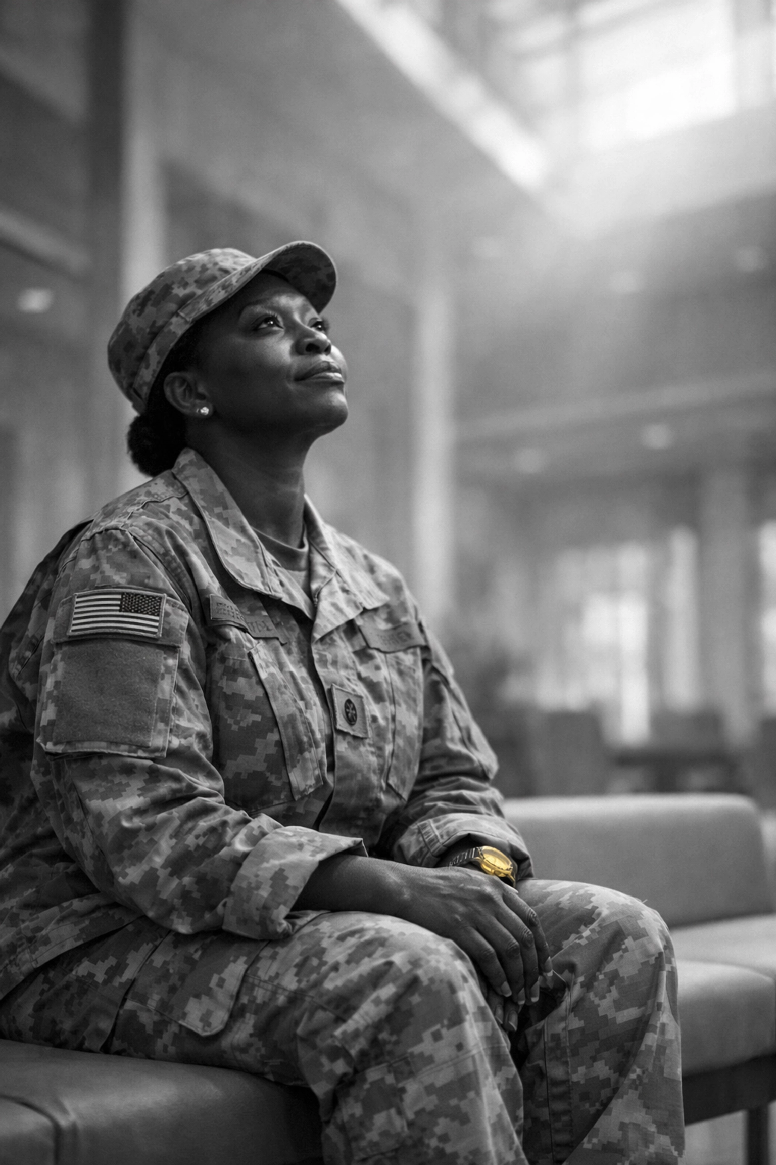 A Black female veteran finding inner peace and spiritual strength in a quiet community space.