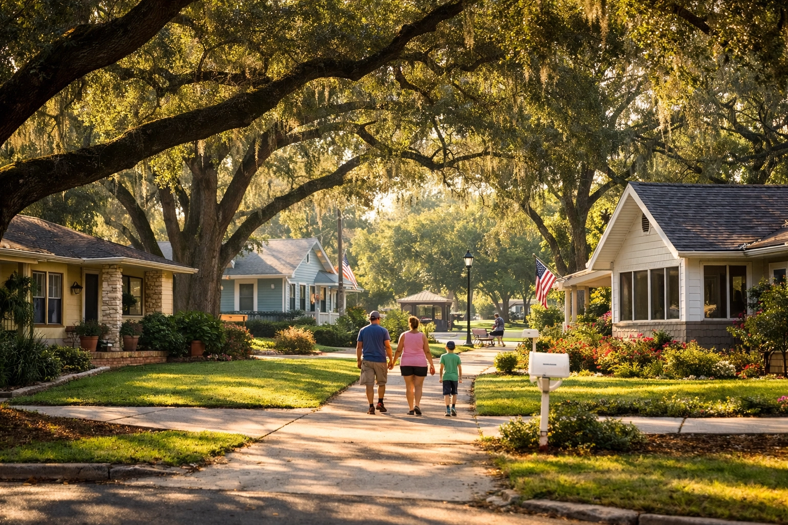 Tree-lined street in established Cape Coral neighborhood with family-friendly homes and sidewalks