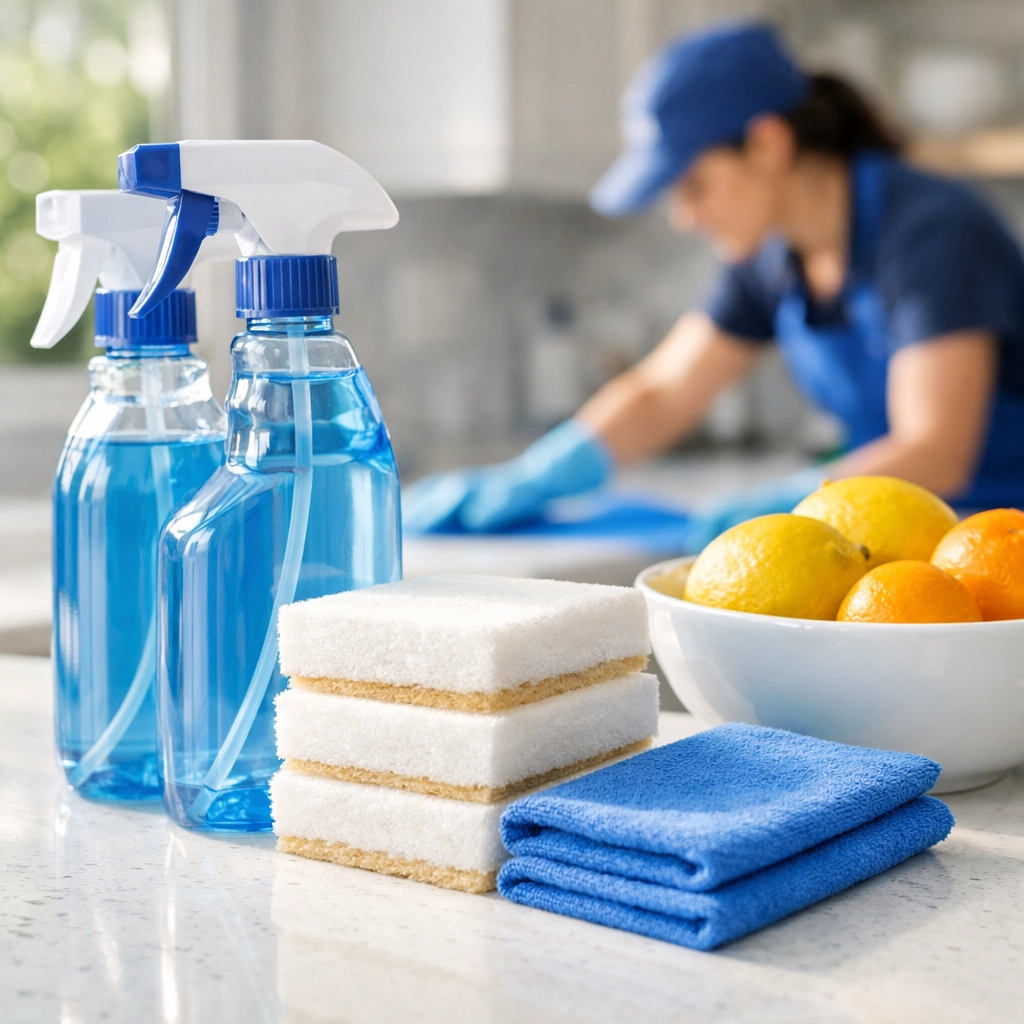Eco-friendly products used by professional residential cleaning services near me in a bright Massachusetts kitchen.