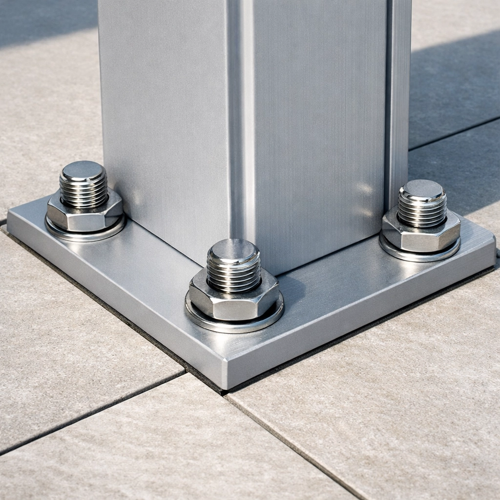 Detail der stabilen Fundament-Montage einer Pergola für Windfestigkeit in Wien.