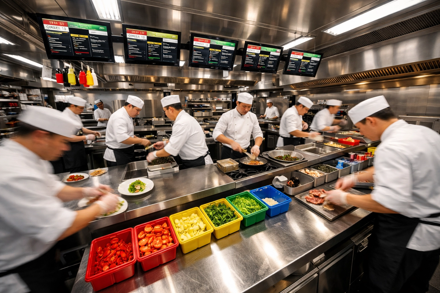 High-efficiency restaurant kitchen operations with chefs working in synchronized coordination