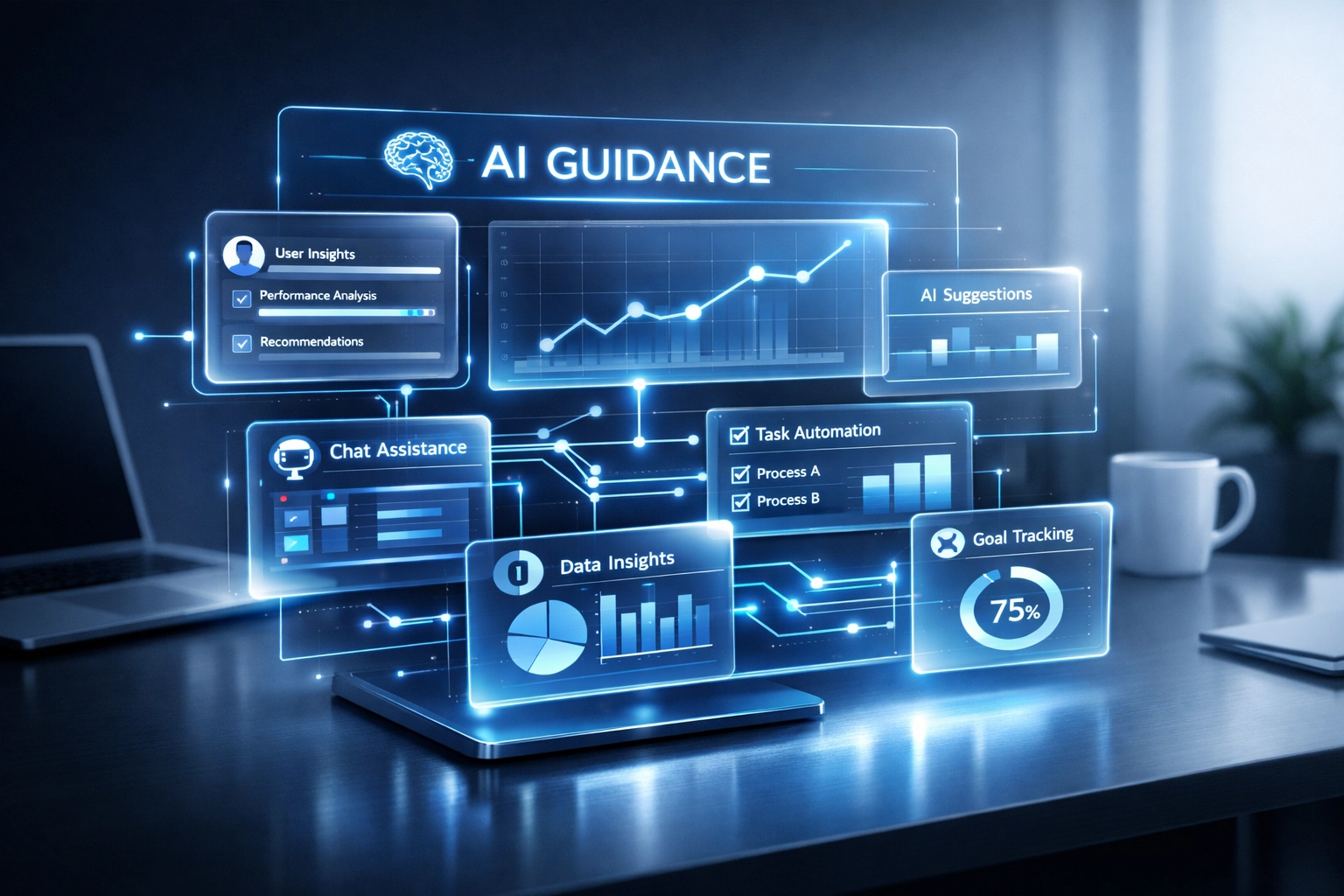 Modern holographic interface representing transparent AI guidance and intuitive workflow management.