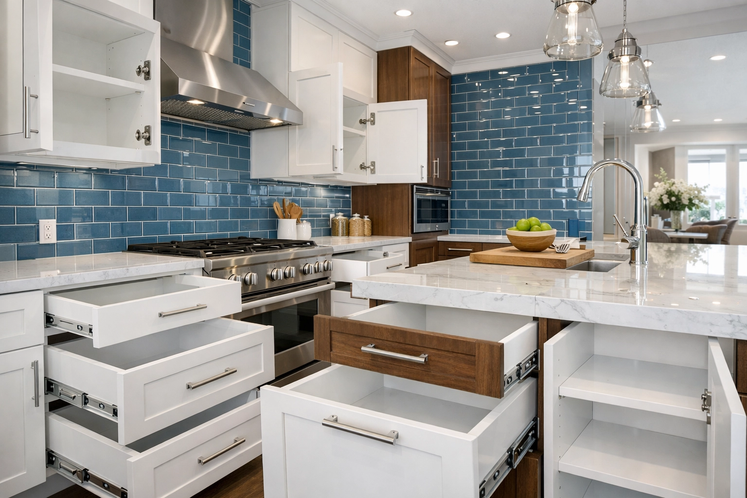 Immaculate, dust-free kitchen cabinets and drawers following a professional post-build cleanup.