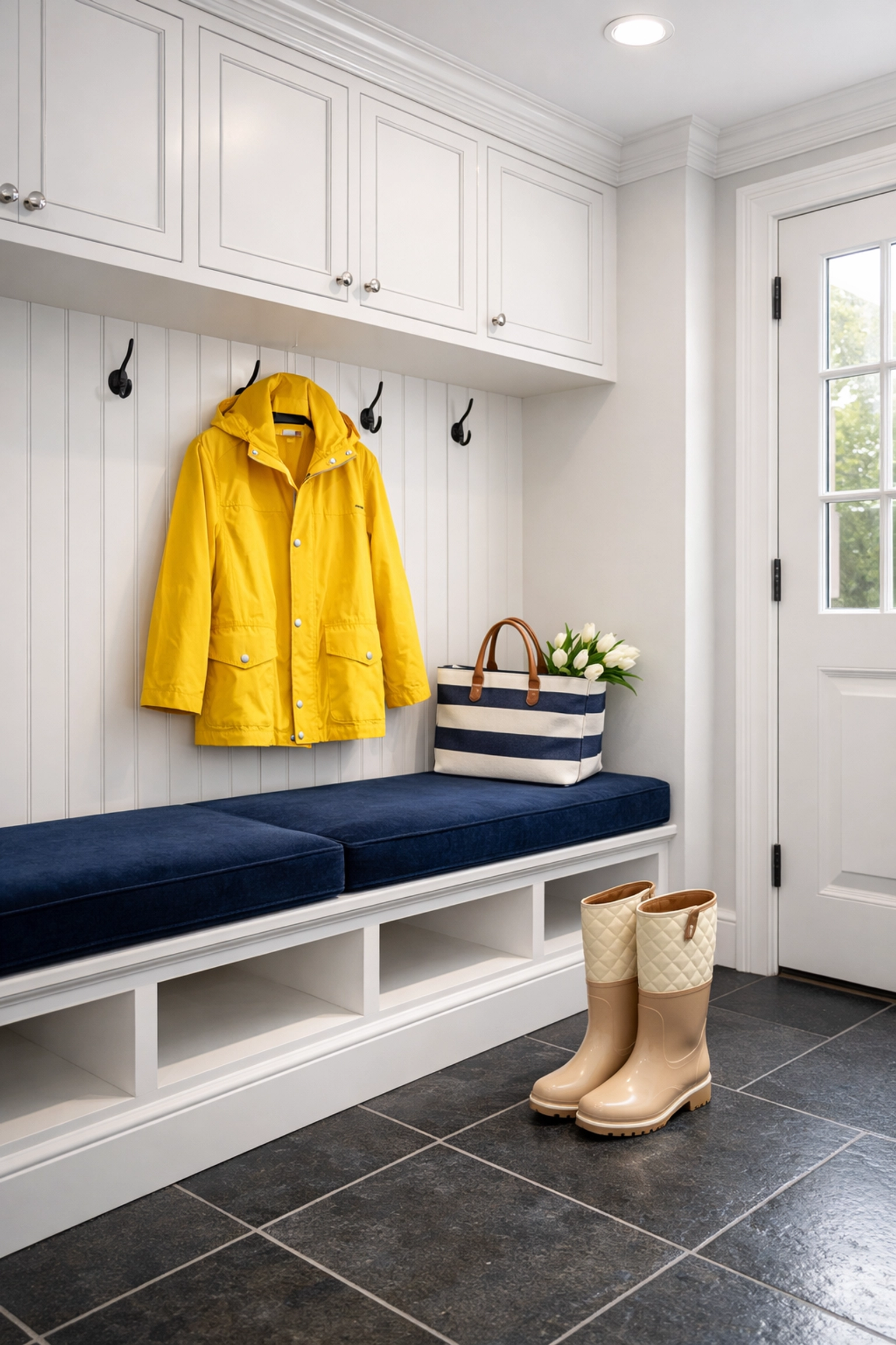 Sanitized luxury mudroom in a Sudbury estate featuring clean slate floors and white cabinetry.