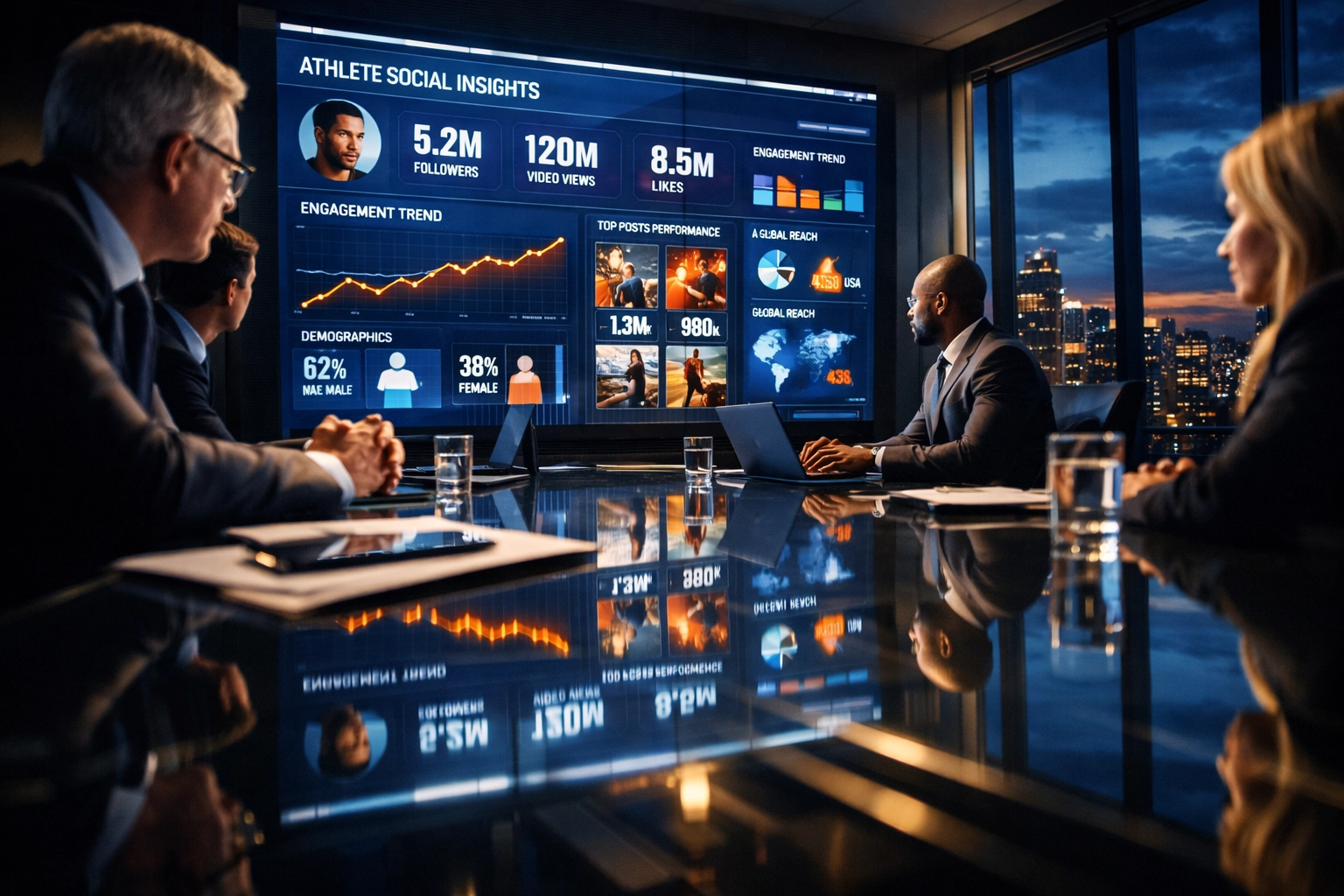 Fortune 1000 CMOs reviewing athlete marketing analytics and engagement data in boardroom meeting