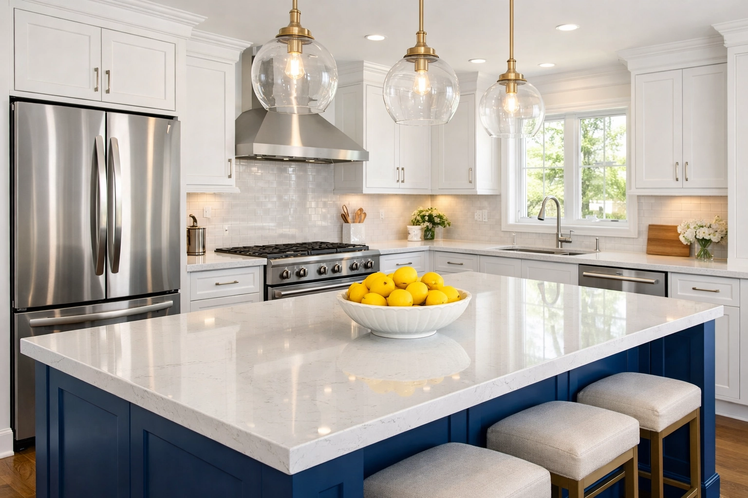 Sparkling modern kitchen with white cabinets and marble island after a professional house cleaning in Dunstable MA.