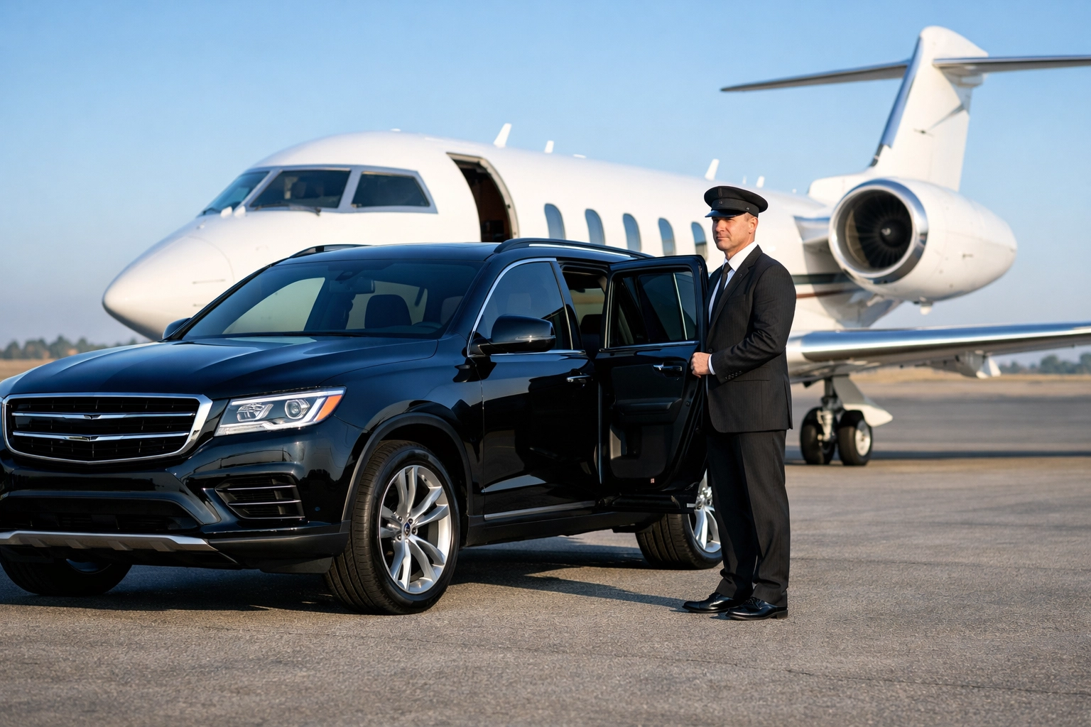 Luxury SUV and private jet transport for elite Super Bowl executive travel and logistics.