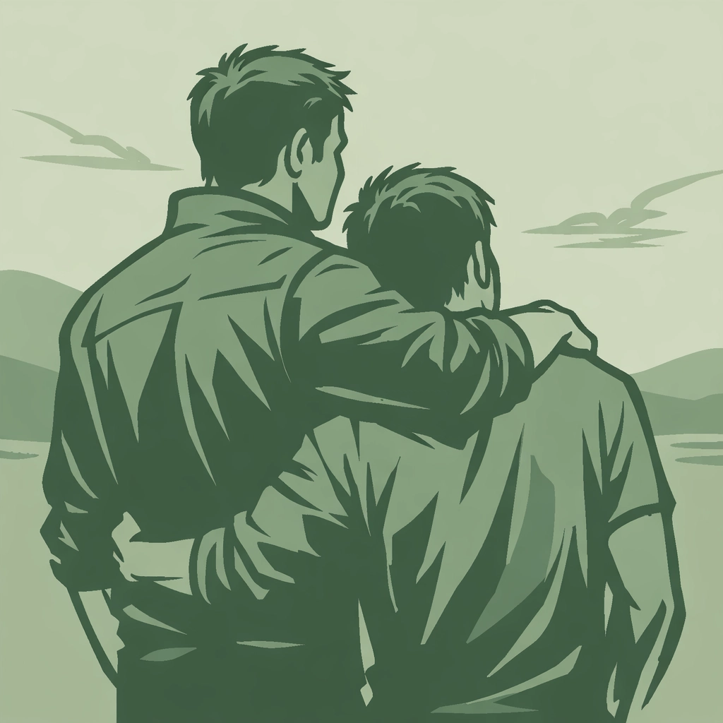 A protective MM couple looking at the horizon, illustrating high-angst themes found in the best gay romance books.
