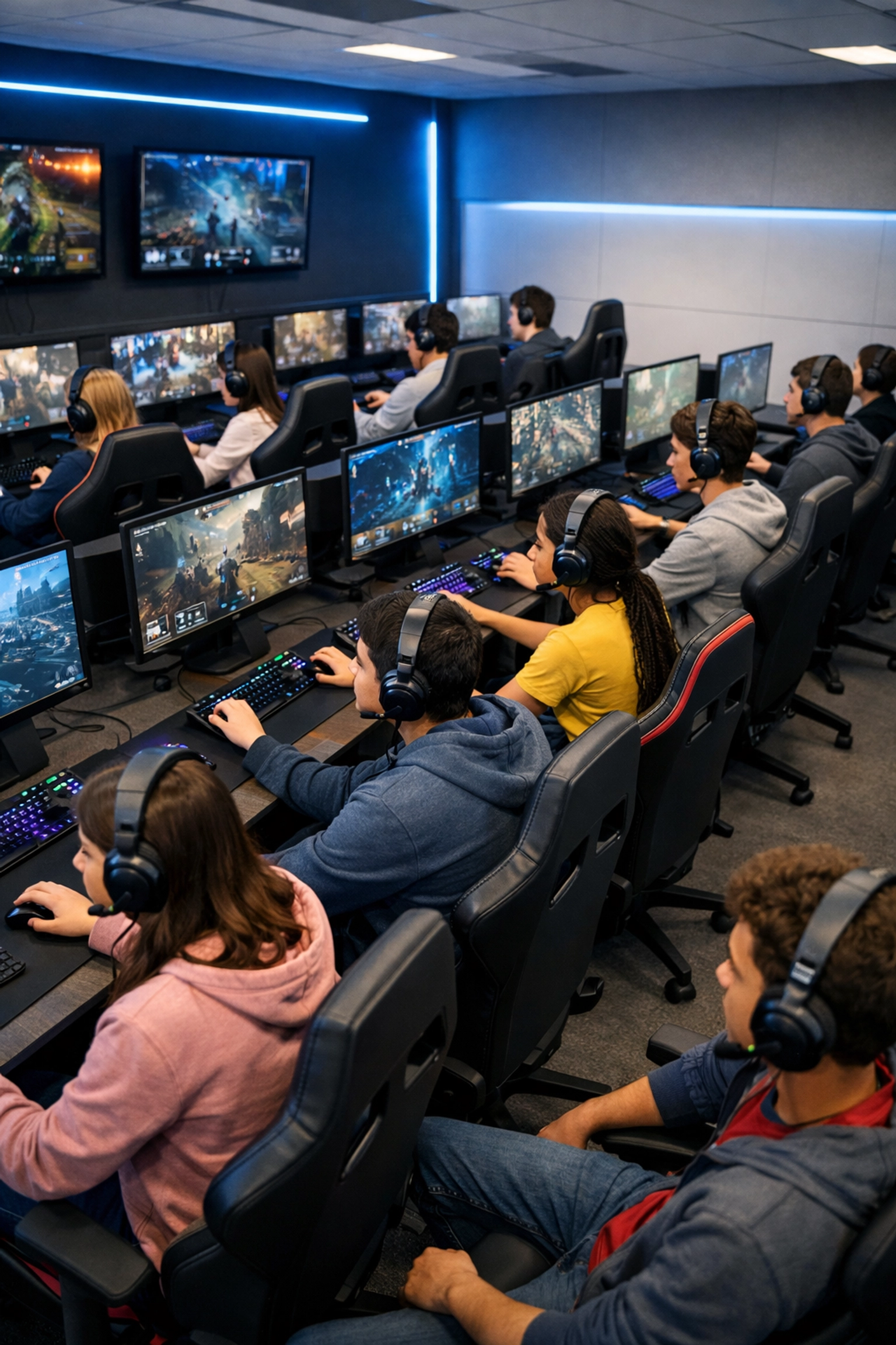 High school students using ergonomic gaming pods in a modern esports classroom for educational growth.