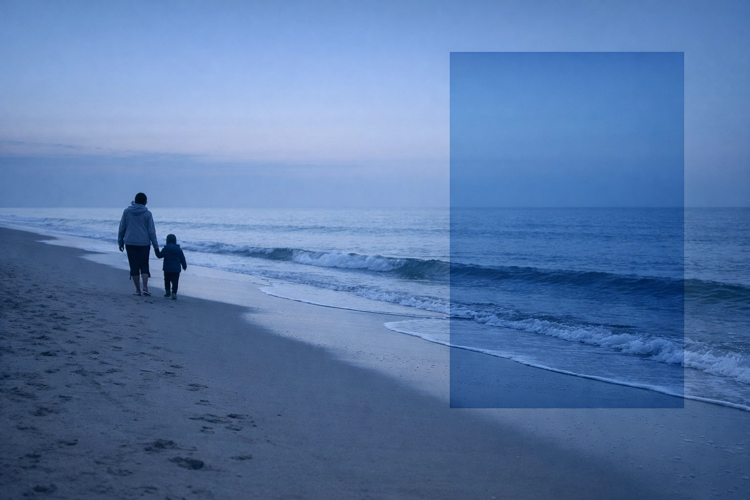 Parent and child walking on a Virginia Beach shoreline representing child custody and family law stability.