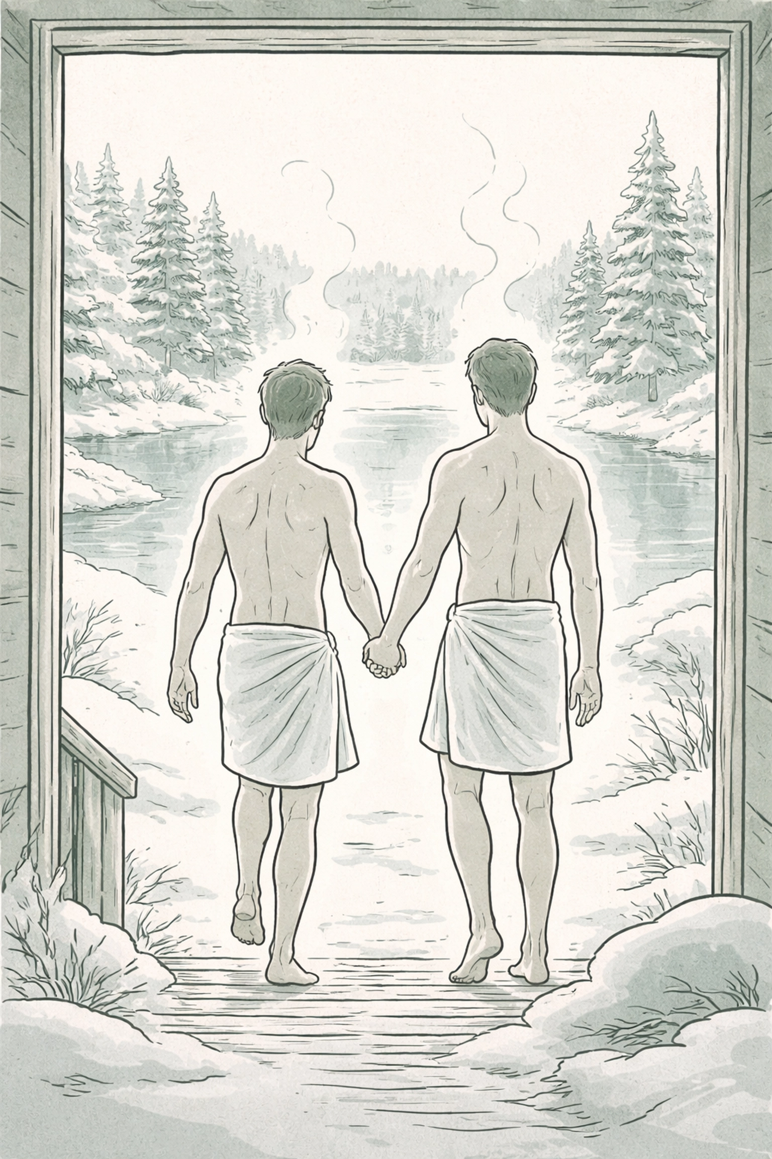 Two men holding hands emerging from a Nordic sauna into snowy wilderness, illustrating the sensory-rich setting in this MM romance novel.