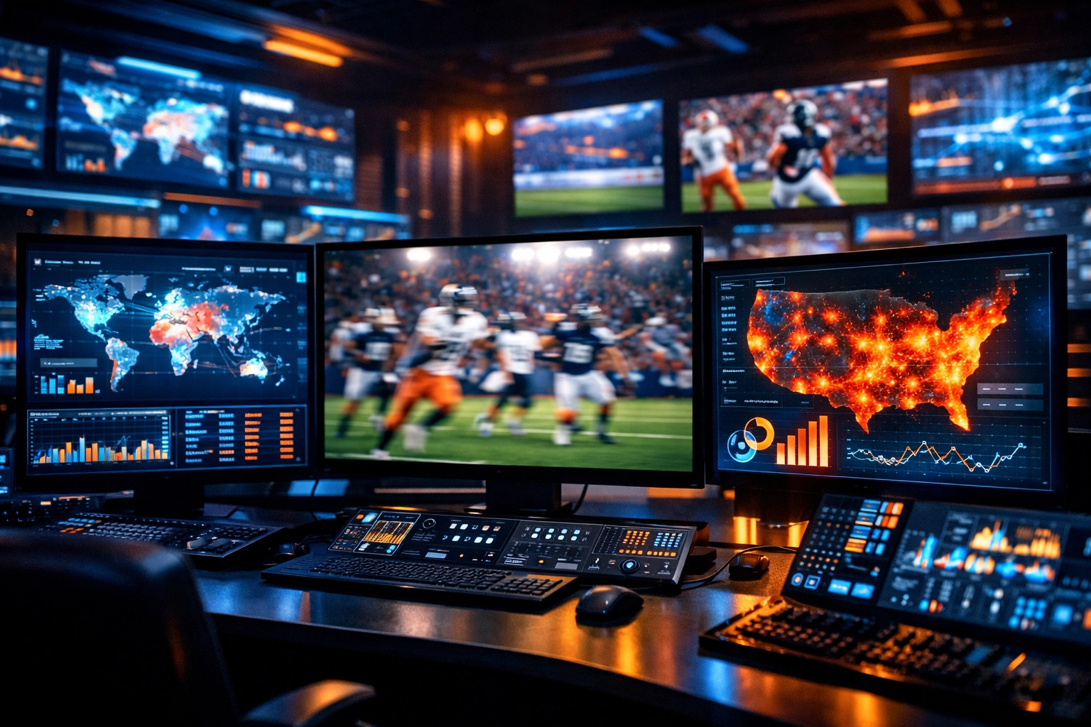 A high-tech command center illustrating the reach of the Sporttron digital marketing network.