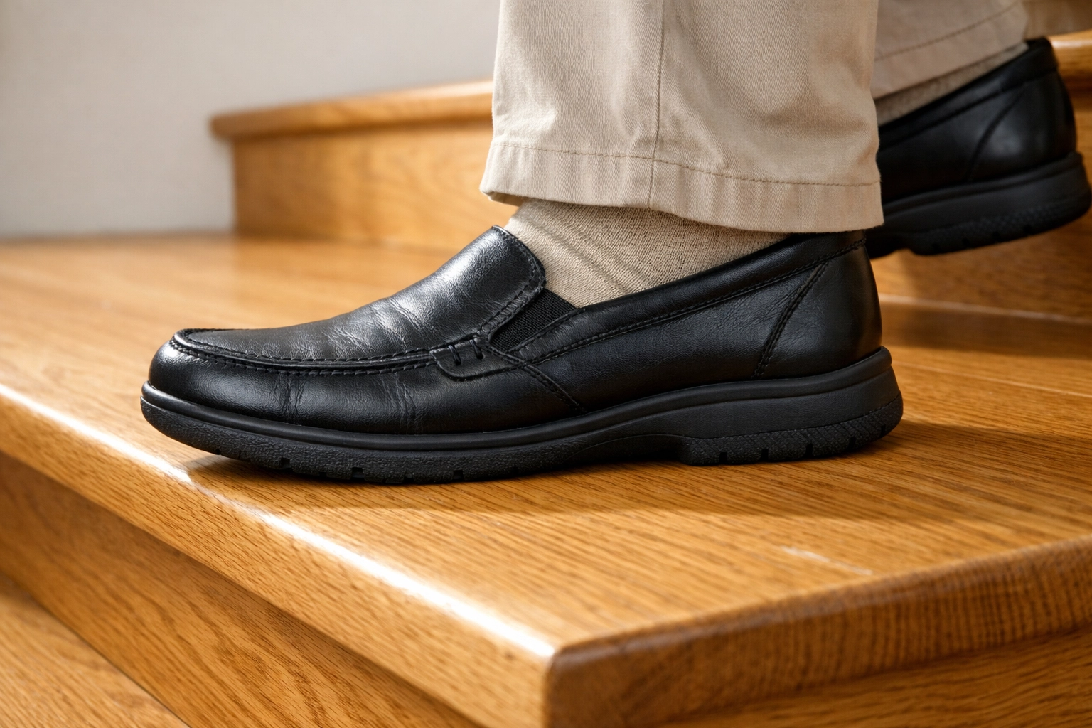 Close-up of senior feet in supportive shoes on a wide wooden stair tread for fall prevention.