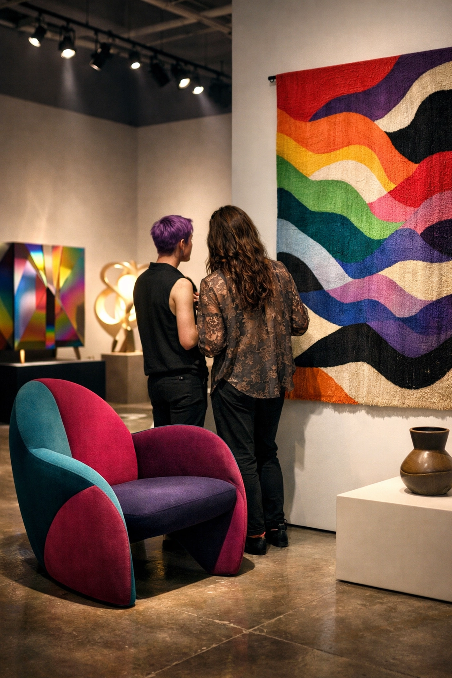 LGBTQ+ designers viewing functional art exhibition with sculptural furniture and textiles
