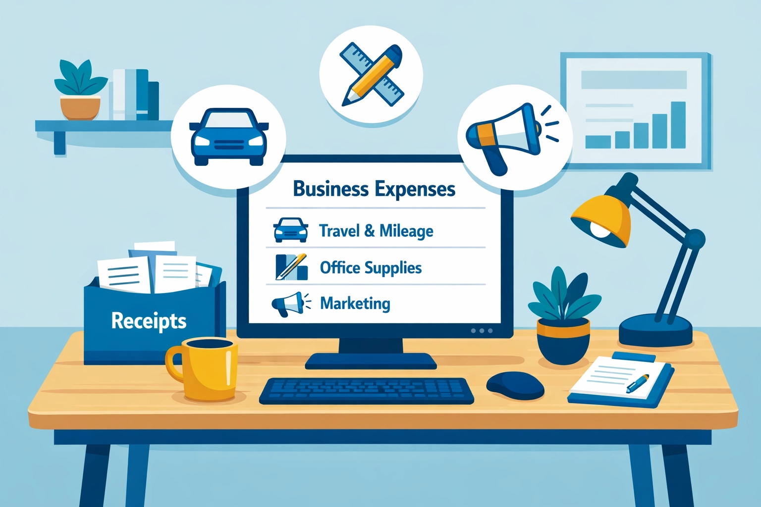 Small business owner workspace showing deductible business expenses and records