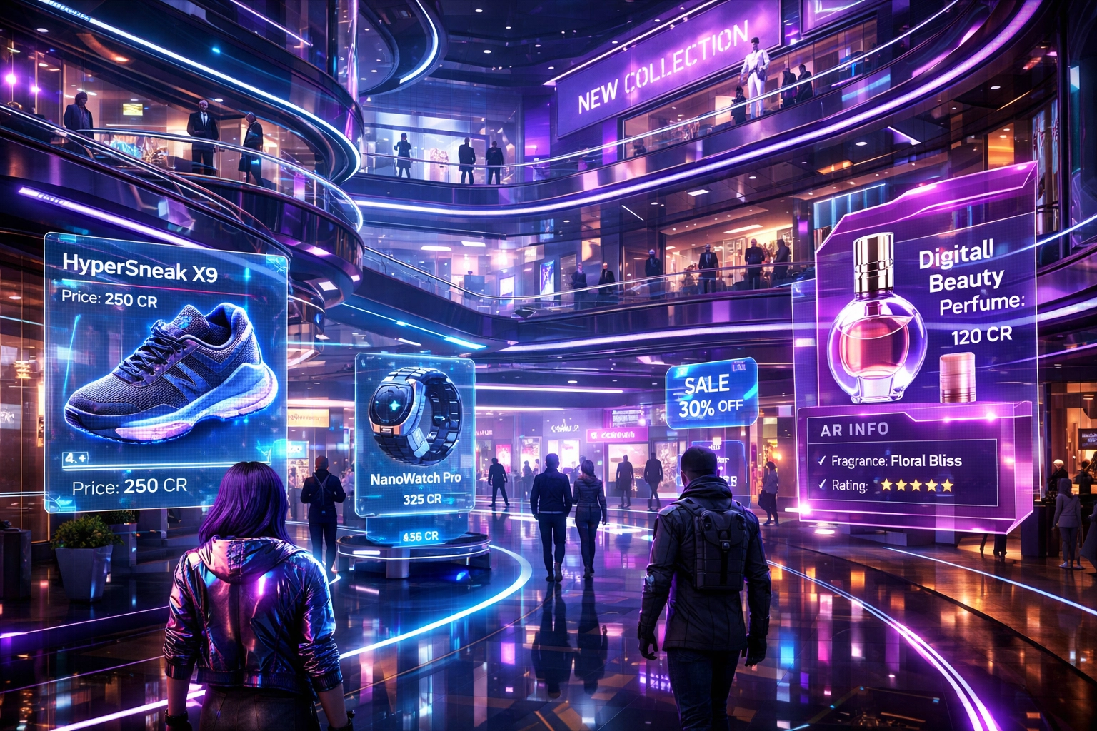 Futuristic metaverse shopping mall with holographic displays and avatars browsing virtual storefronts