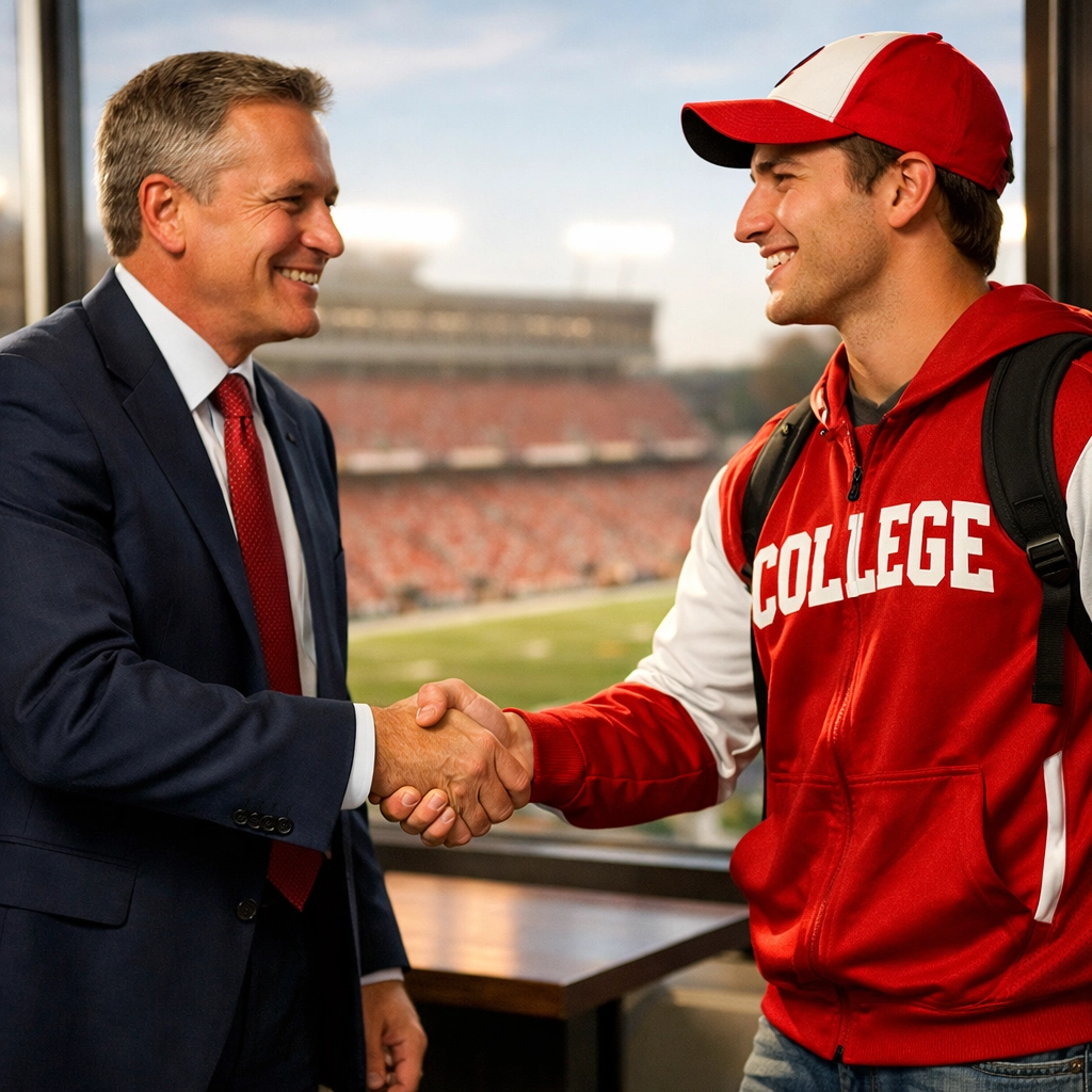 Corporate executive shaking hands with college athlete forming NIL brand partnership agreement